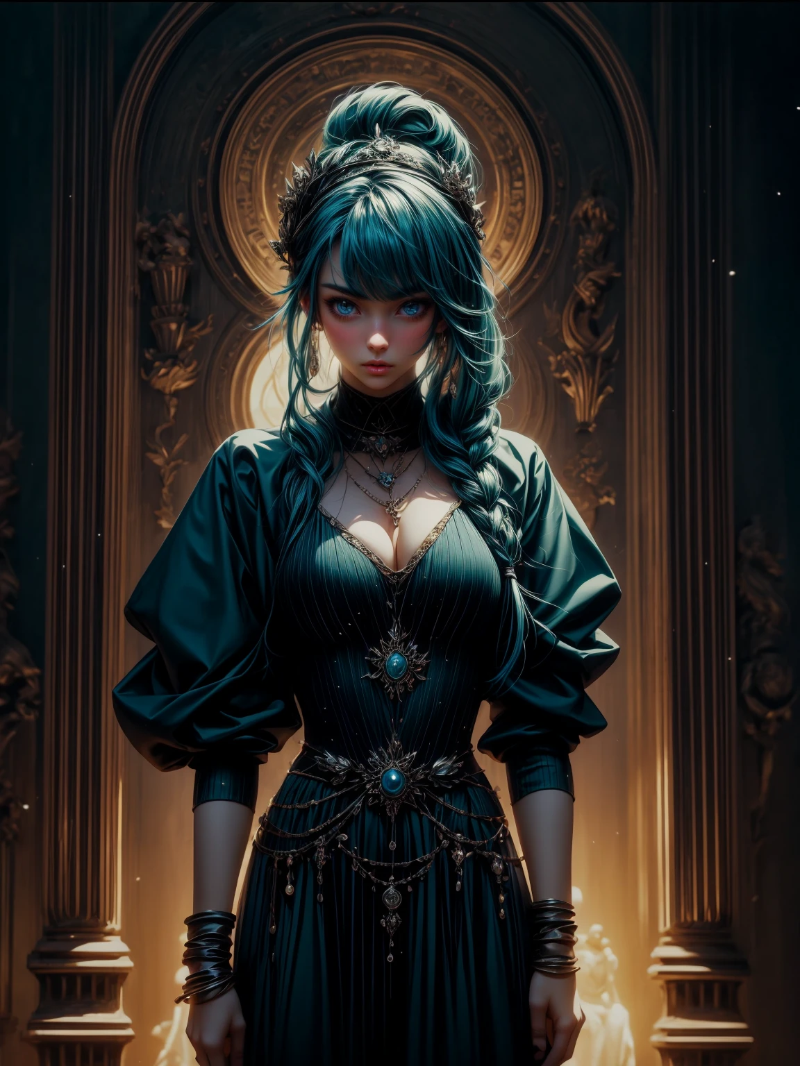 High quality anime art style，Dignified and gentle，Antique standing painting，Anime girl with teal hair，Seven-doppelganger shot，Design clothing，Splash ink background，Hair fluttering