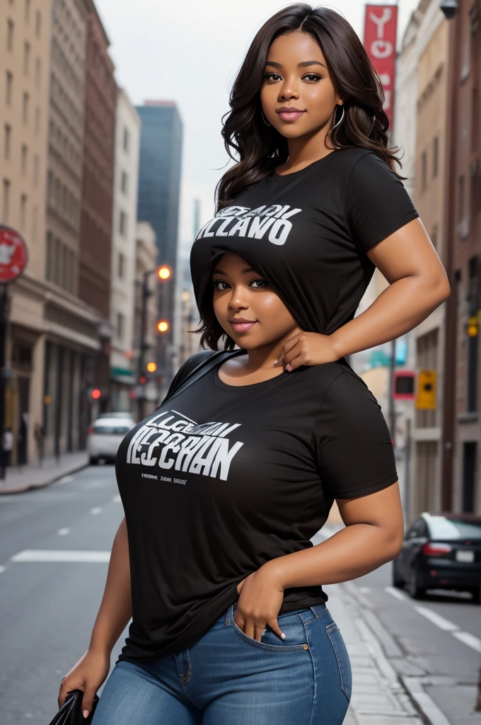 handsome and beautiful chubby black women smirking with natural brown hair half body shot wearing a black t-shirt and jeans, busy city background