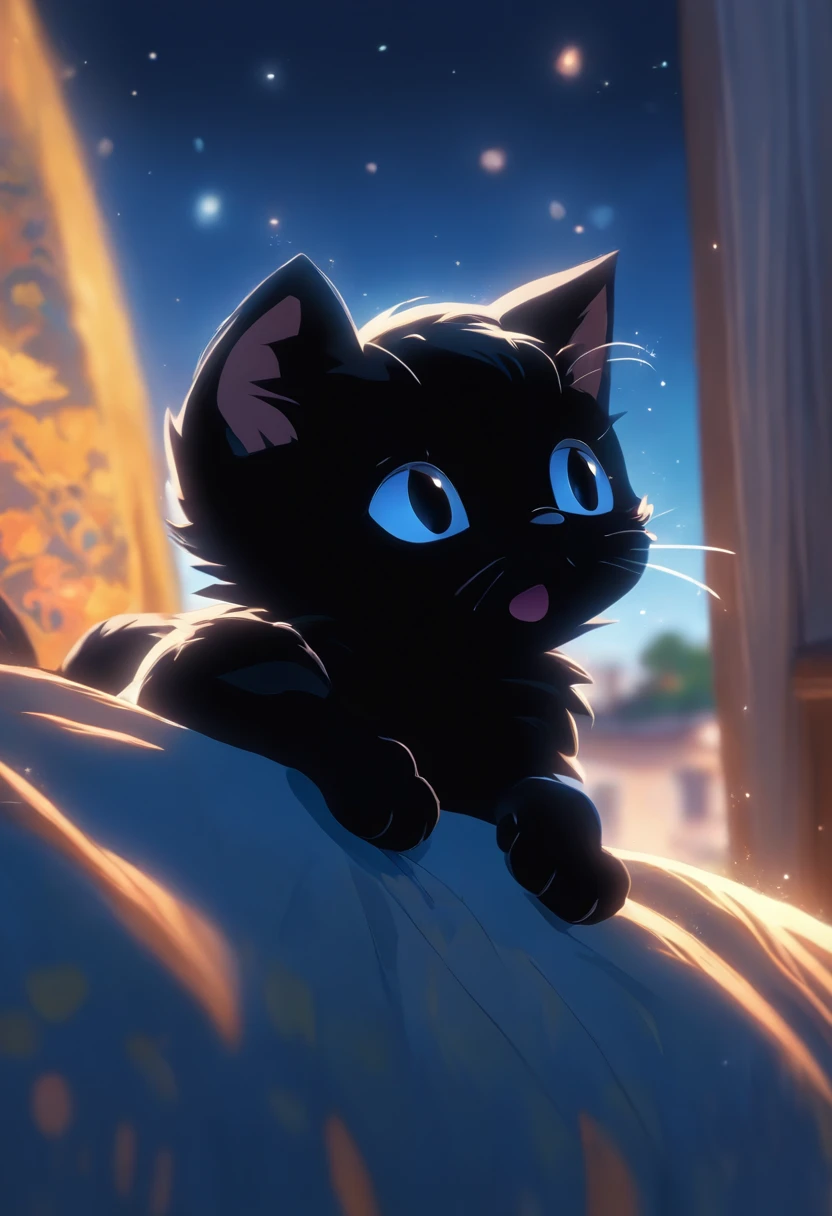 a cute vector of a black kitten in a long stretch, paws forward with the rear and tail up, side profile, Long yawn on top of a blue pillow along a window pane. anime style, M Jenni style, digital illustration, approaching perfection, highly detailed, smooth, sharp focus, illustration, 4k resolution