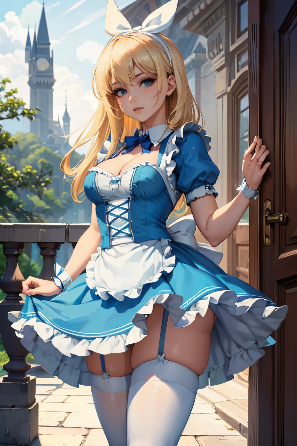 a sexy Alice in Wonderland with blonde hair with a bow in her hair, powder blue dress with white apron, white stockings, hand take skirt, upskirt, white thong, cleavage, dynamic, ultra high def, 32k,