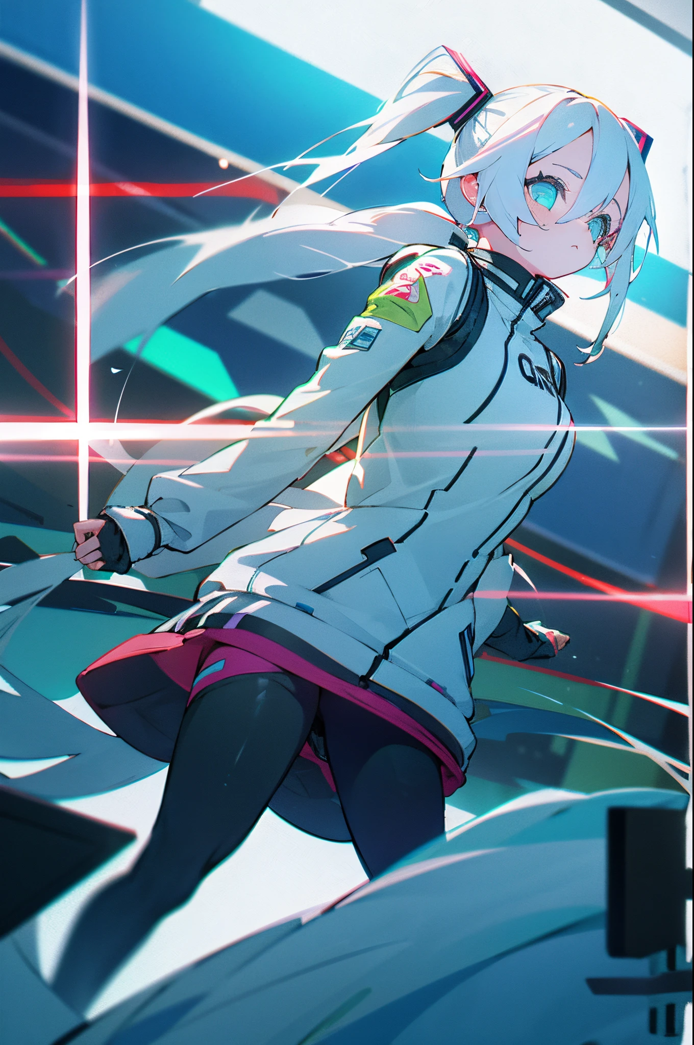 Futuristic game girl, glitch effect, electric bright colors, bright lighting, white pigtails, white haired miku, racing track suit, HD 8K wallpaper, perfect anatomy