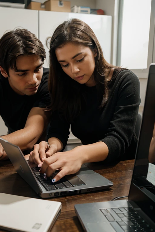 one men and one girl work with laptop