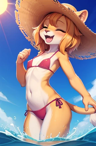 High quality, 4k, 8k, furry, anthro, teenage, girl, lioness, flat chest, laughing, eyes closed, splashing water, sun hat, crochet bikini