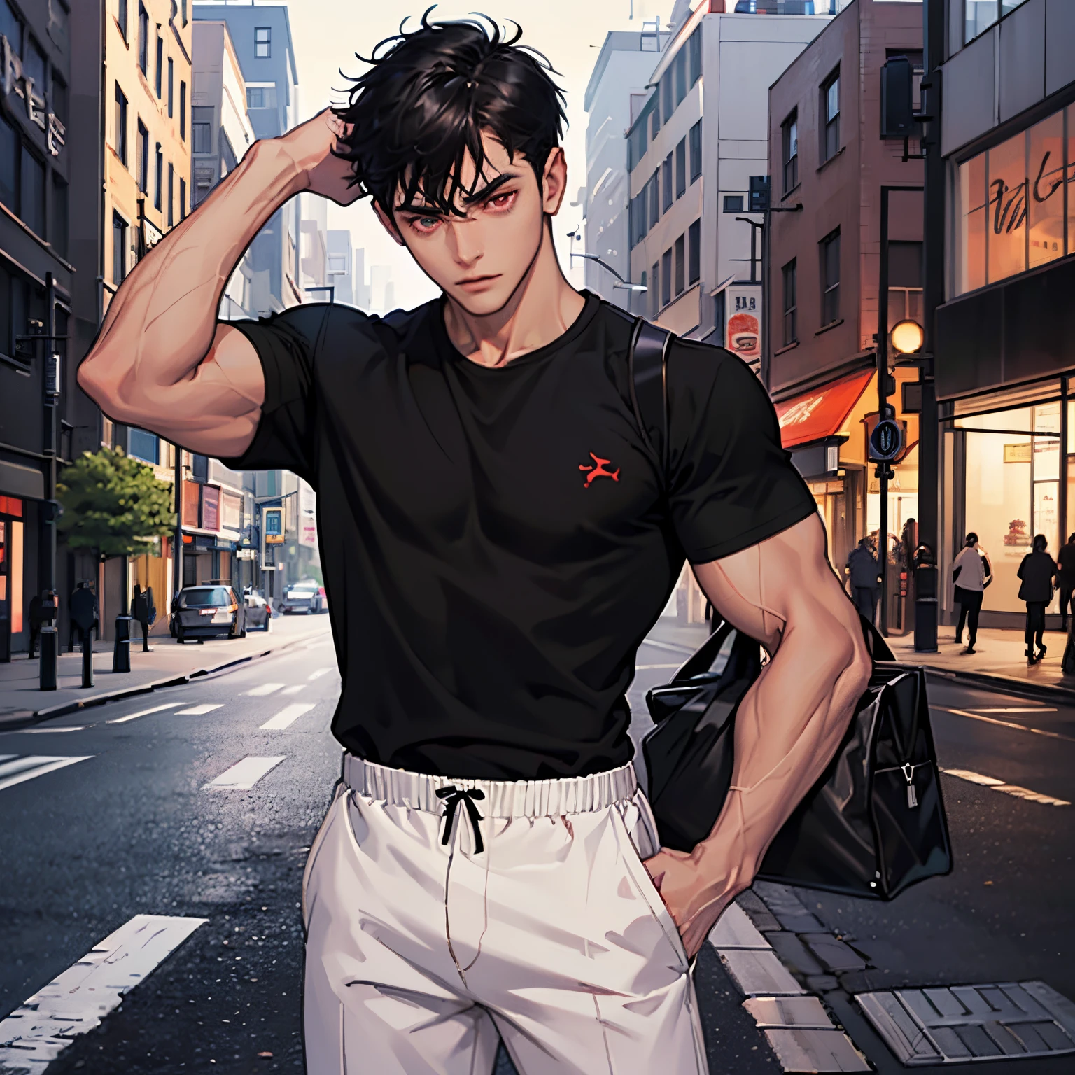 16 year old teenager with Asian genes, muscular physique and his messy black hair, He is wearing a black short sleeve t-shirt, light gray shorts with cargo pockets. In school background
