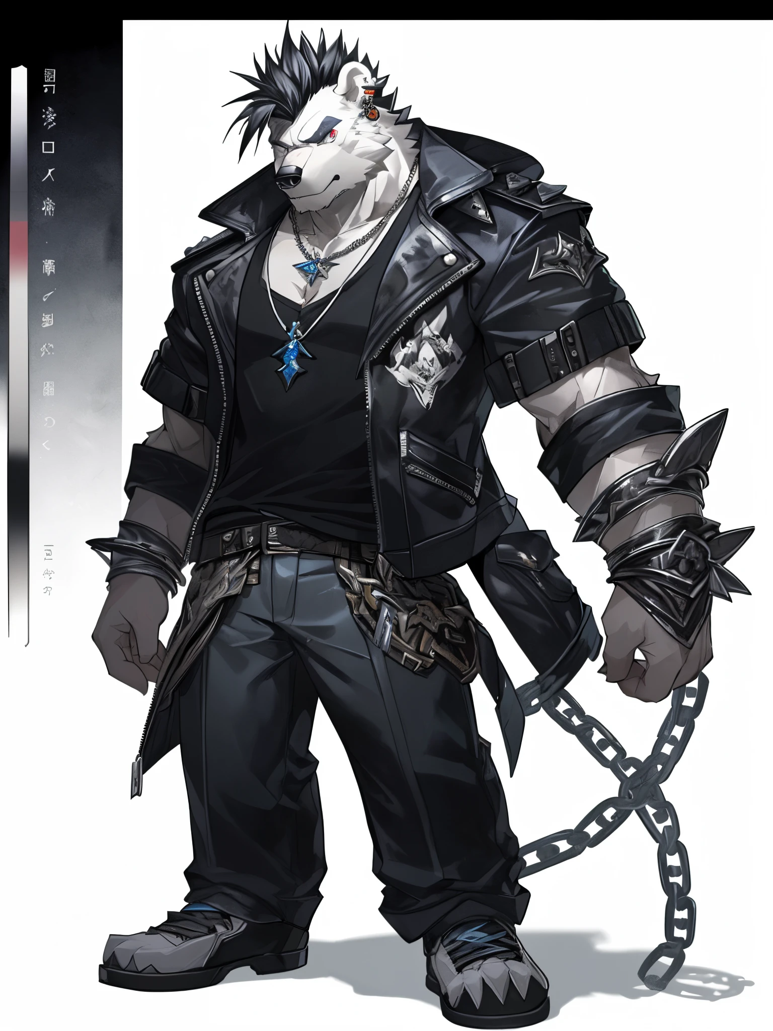 masterpiece, ultra detailed, multicolored eyes, solo focus, male, polar bear, reflective, dispersion, (spectrum:1.1), full body, shadowverse, cygames, official art, video games, digitigrade, muscular, short mohawk hair, necklace, ear piercing, gangster, shirt jacket, tokyo afterschool summoners, holding chains, punk, black and white hair, reference sheet, refsheet, bara