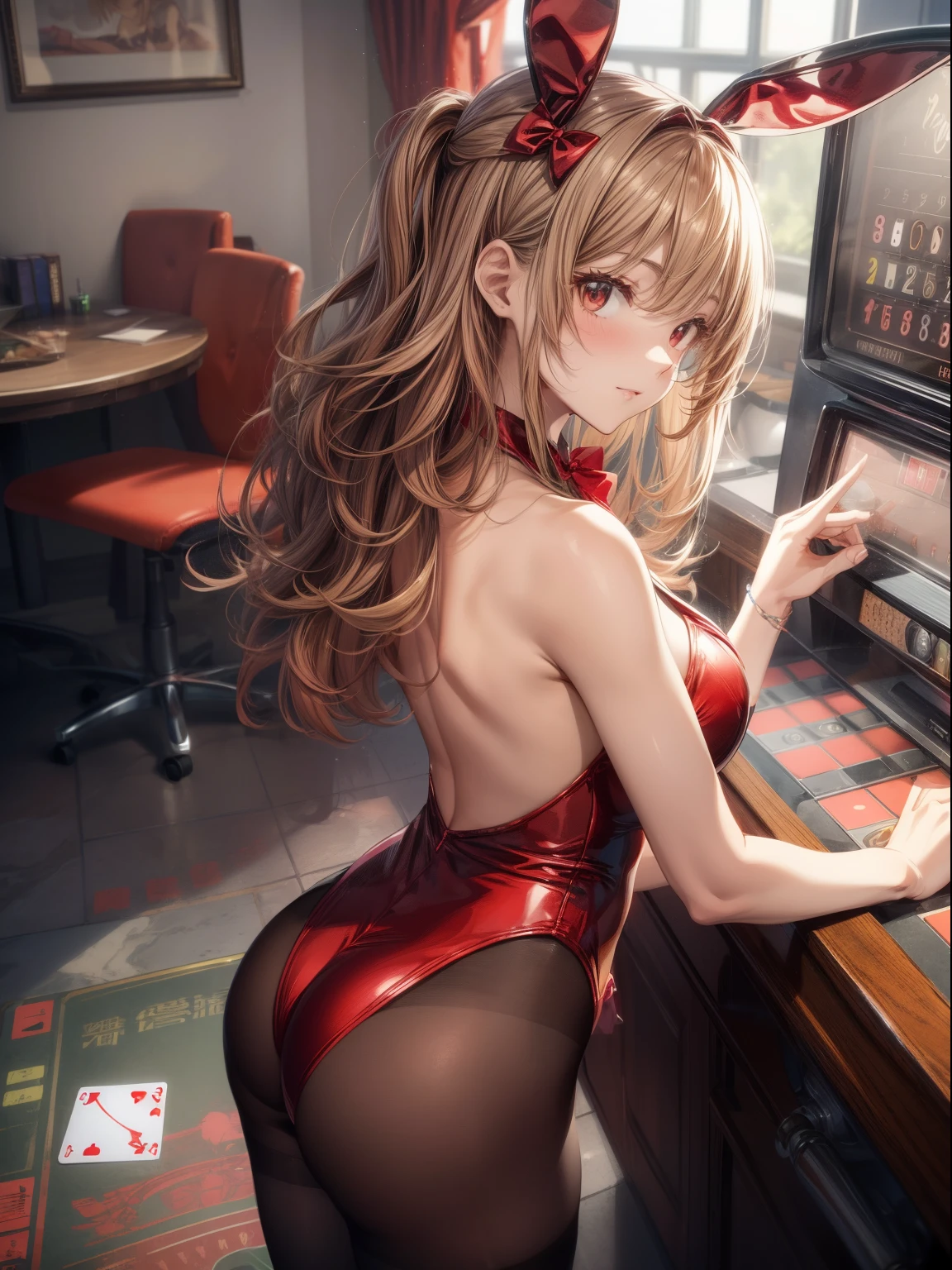 top-quality、Full limbs、complete fingers、1girl in、((one beautiful women、独奏))、Beautiful Large Breasts、Medium Hair、straight haired、Red hair、bunnygirl、(red bunny girl leotard)、(brown hair pantyhose)、Red bow tie、Red Bunny Girl Katyusha、casino、roulette、pokies、PlayingCards、is standing、Rear view、Composition seen from behind