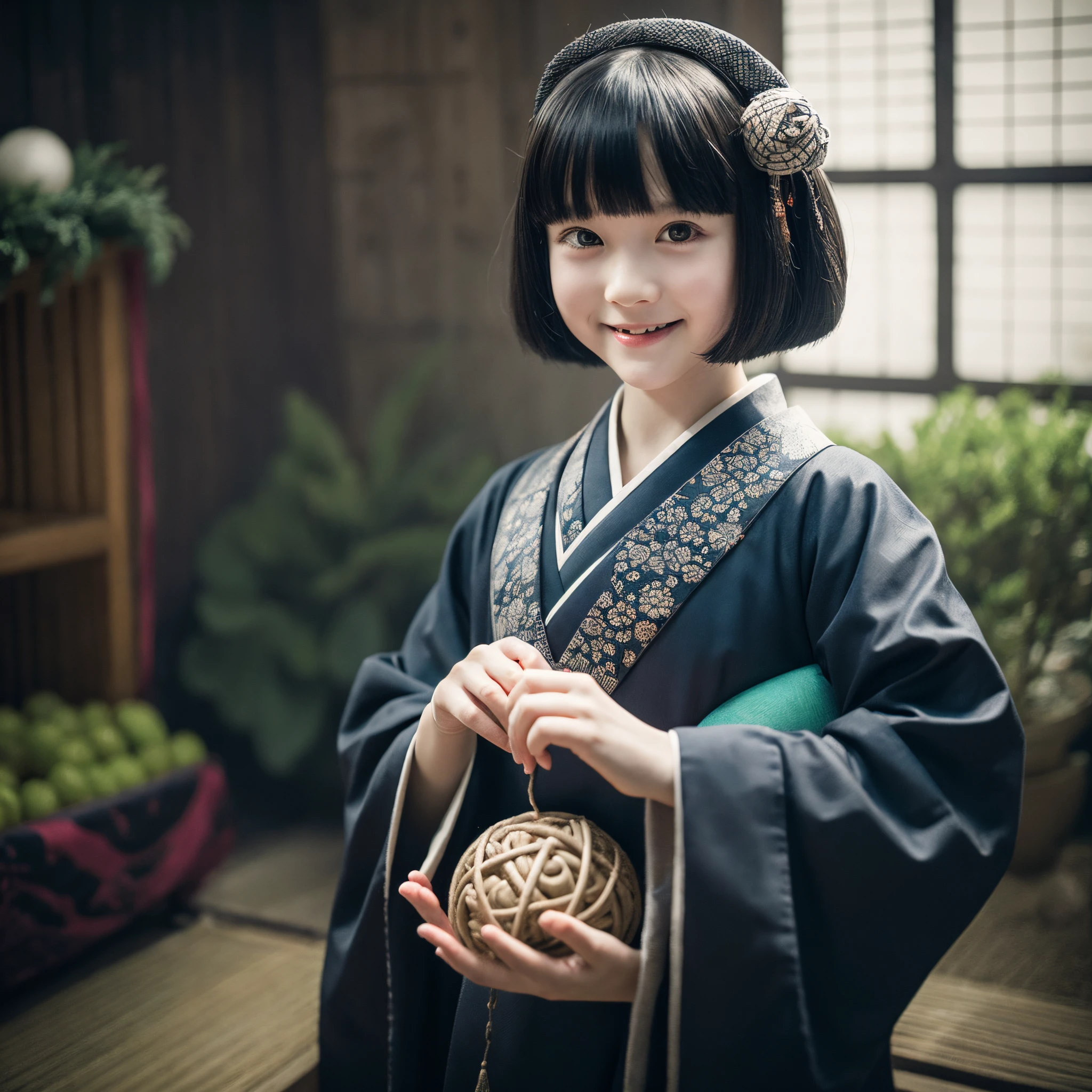 (best quality,ultra-detailed,creepy smiling,creepy atmosphere),1girl,short bob haircut,cute kimono,holding a temari ball in her hand,around 5 years old,like a character from a nursery rhyme