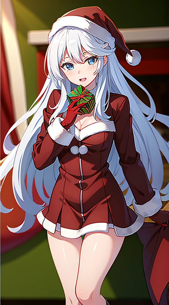 masterpiece, best quality, 1 solo girl, white hair, blue eyes, long hair, wavy hair, Christmas ornaments, medium breasts, mature body and face, red Santa dress, Christmas, Christmas light, Christmas tree, red gloves, red Santa skirt, holding gift, red bra, red panty, leg up, cowboy shots, sexy pose, dakimakura, detailed body, face, and eyes, sharp focus, vibrant, creative, dynamic, high definition, high resolution, 8k, (Upscale: R-ESRGAN 4x+ Anime6mage enchance:4x), voluptuous body