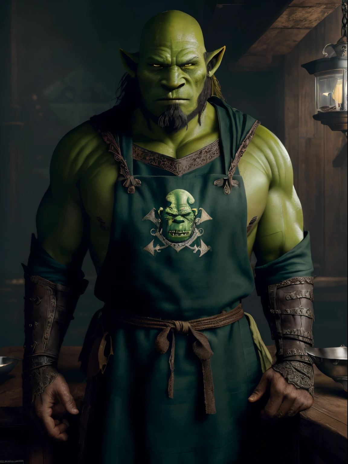 ((Green Pele:1.3)) ((orc:1.1)) (((small fangs))) (highly detailed RAW color photo, masterpiece, ultra detailed), (medieval pirate theme:1.3), (full body:0.6), solo, 1orc male, fat, stout, bald, gray-bearded yellow eyes, (detailed eyes and detailed face), looking at the viewer, wearing a navy blue pirate uniform with a white cook's apron on top (((apron:1.2)))), winter night in the background, standing (aboard the ship:1.1), leather and cold winter skin, beautiful night of overcast sky (fog: 1.2) (rain: 1.1) (winter: 1.1) (masterpiece: 1.2) (illustration: 1.1) (best quality: 1.2) (detailed) (intricate) (8k) (HDR) (wallpaper) (cinematic lighting) (sharp focus) (photography, soft lighting of the dark sky, soft details, octane, artstation trend, ultra high detail, ultra realistic, cinematic, 16k, digital art, Dungeon and Dragons-inspired art)