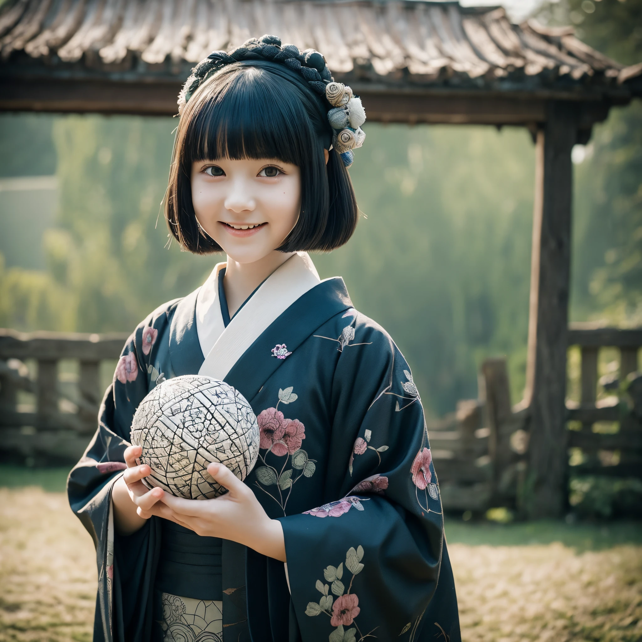 (best quality,ultra-detailed,creepy smiling,creepy atmosphere),1girl,short bob haircut,cute kimono,holding a temari ball in her hand,around ,like a character from a nursery rhyme