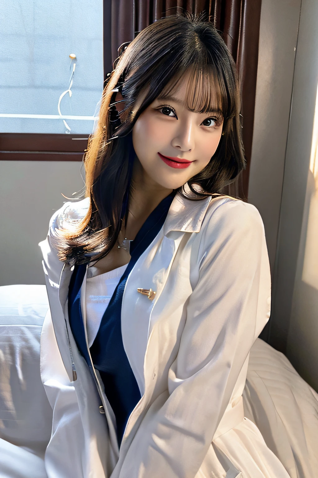 ultra best quality、​masterpiece、超A high resolution、(Photorealsitic:1.4)、the Extremely Detailed CG Unity 8K Wallpapers、A woman dressed as a nurse&#39;uniform sitting on bed、Detailed and complex、Original、hight resolution、Raw foto、(perfect body type)、Detailed and complex,、Digital SLR、softlighting、hightquality、film grains、depth of fields、FujifilmXT3、50mm Lens、Back lighting、nffsw、hyper realstic、Color Grade、dynamicposes、portlate、japanes、A smile、s lips、bangss、facing front、(Hospital Patient Rooms:1.2)、Front view View viewer、natural soft light、girl with、30-years old、full body Esbian、独奏、 working adults、deep-shadows、cute little、Beautie、Unobtrusive、Cold Light 12000K \\ a street、Detailed Realistic、detaileds、Skin Texture、ultra-detailliert、realistic skin textures、(Dramatic、awardwinning photo、Incredible masterpiece:1.3)