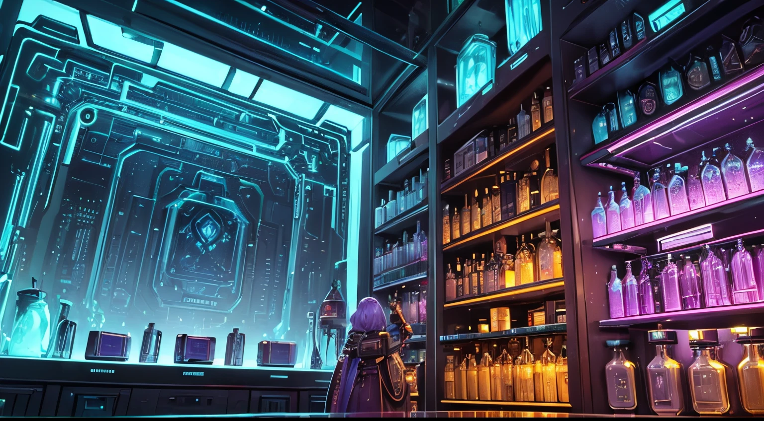 (wide-angle landscape), (ultra-detailed), futuristic, sci-fi feeling, vibrant-feeling, background potion rack display, wired robot shopkeeper in background, harry potter ambience, ((highlight center circuit-board crafted on potion bottles))