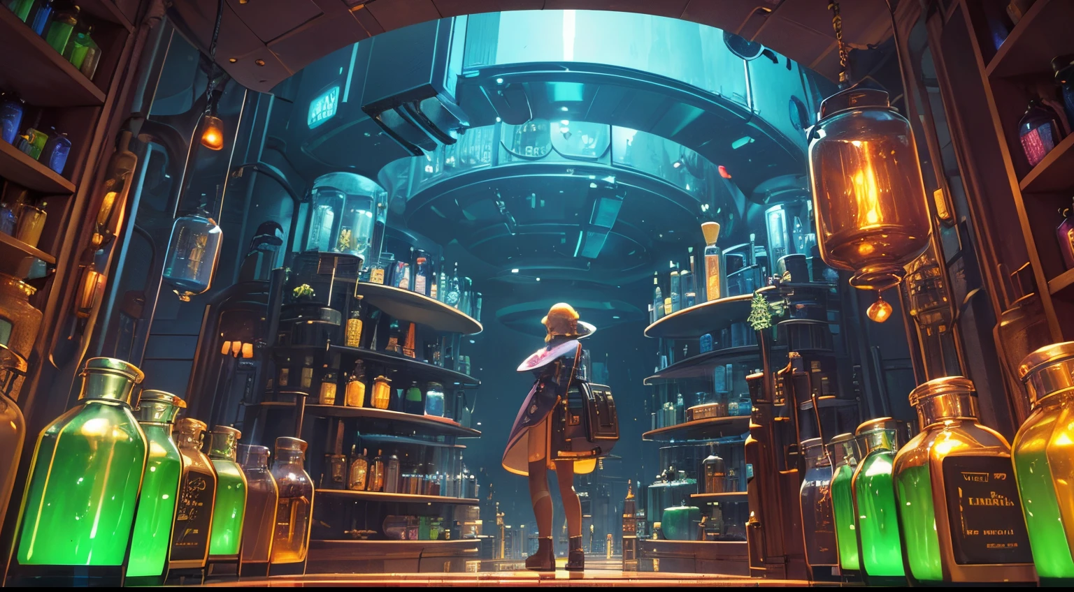 (wide-angle landscape), (ultra-detailed), futuristic, sci-fi feeling, vibrant-feeling, background potion rack display, wired robot shopkeeper in background, harry potter ambience, ((highlight center circuit-board crafted on potion bottles))
