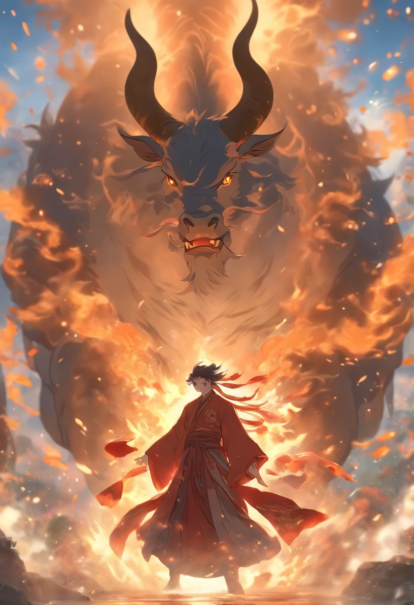 (tmasterpiece), (Best quality), Cinematic quality,Rendered by Octane,Ultra-detailed details,1 boy,Cool action,Wearing ancient Chinese Hanfu,(Ancient Chinese Formation:1.2),energy surround,voldemort,light particle fluid,Fairy air fluttering,Luminous magic circle,Summon ancient beasts,Giant bull,