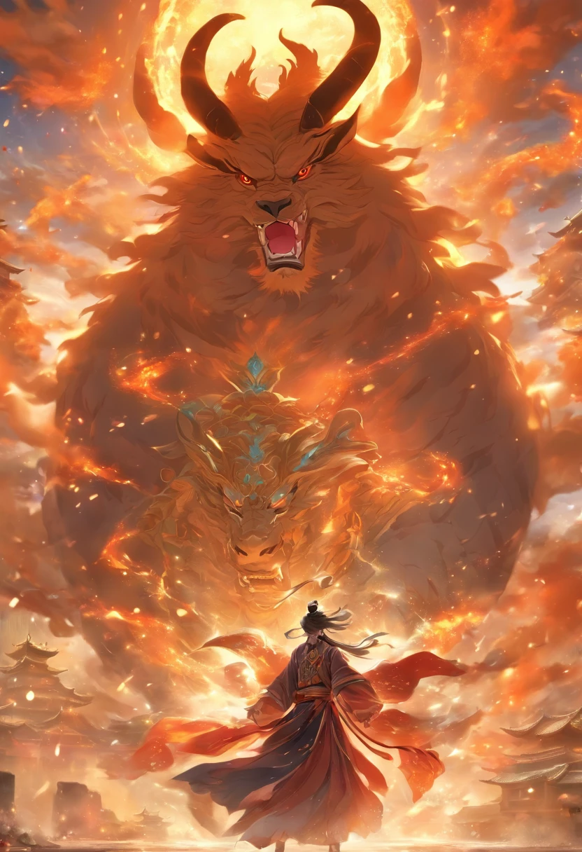 (tmasterpiece), (Best quality), Cinematic quality，Rendered by Octane，Ultra-detailed details，1 boy,Cool action，Wearing ancient Chinese Hanfu，(Ancient Chinese Formation:1.2),energy surround，voldemort，light particle fluid，Fairy air fluttering，Luminous magic circle，Summon ancient beasts，Giant bull，