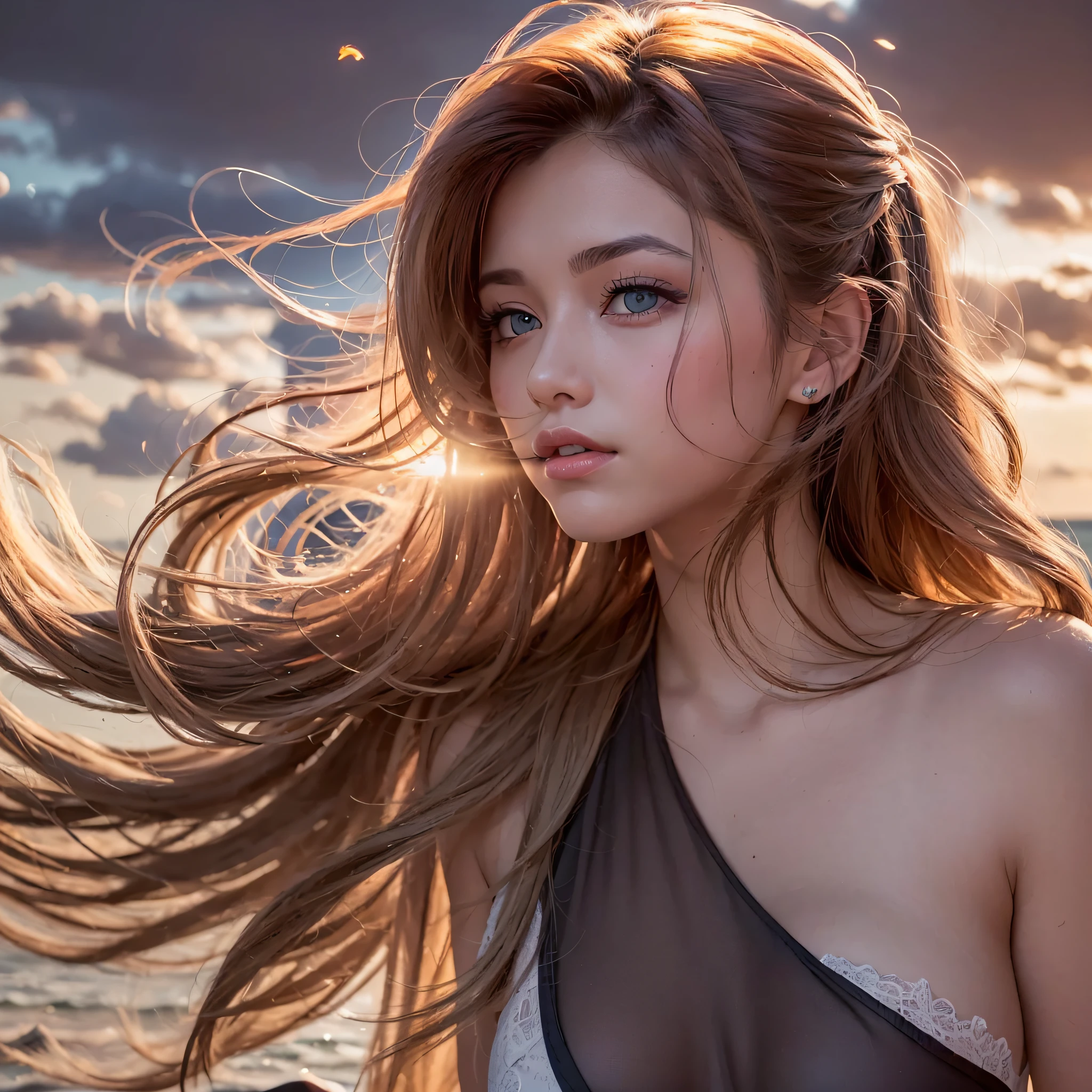 beautiful dream girl, Stunning beauty stands before you, cliff overlooking the sea. She has long, With flowing hair that waves on the back、Fascinating eyes that sparkle like stars. She is wearing a white summer dress that flutters in the wind., Reveal your sun-kissed skin. While feeling my heart pounding、She turns around and looks at you with a gentle smile., Eta、you are immediately attracted to her. This scene is、Takes place on a rocky cliff overlooking the ocean、waves crash on the shore. the air is warm、It's salty, Sea salt and wildflower scents fill your senses.. I feel steamy and erotic, There's a breeze, Eta、The sound of waves brings you into a relaxed state. There's an ethereal atmosphere、It's a different world, Eta、A sense of magic and wonder permeates the scene. I feel like I've stumbled upon a secret, A hidden world that most people have never seen. and the lighting is soft and diffused, The warm light of the sun setting behind the girl、dyeing everything golden. the shadow is long、It's dramatic, Add depth and dimension to a scene. The light catches the girl's hair、looks like it's on fire, Eta、her skin has an unreal glow. The last argument is read as: "--c 12 --s 700 --q 2 --ar 9:16 --q 2 --v 5.2 --s 750 -Variation-