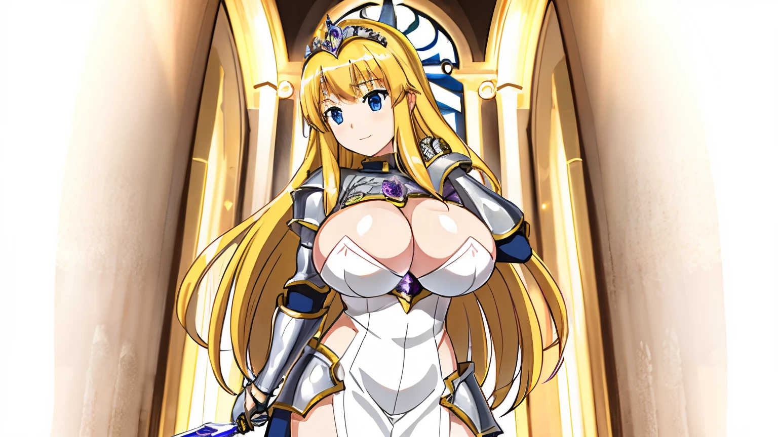 Anime woman with long blonde hair wearing white dress holding sword, knights of zodiac girl, portrait knights of zodiac girl, In amethyst armor, oppai, huge tit, with large breasts, seductive princess knight, anime goddess, Princess Knight, ((a beautiful fantasy empress)), blonde - haired princess, a blonde emerald warrior, Amethyst Princess, Amethyst reflective armor, Crystal Amethyst Armor, smooth anime cg art, princess intergalactica, Dress Armor Girl, High quality anime art style,