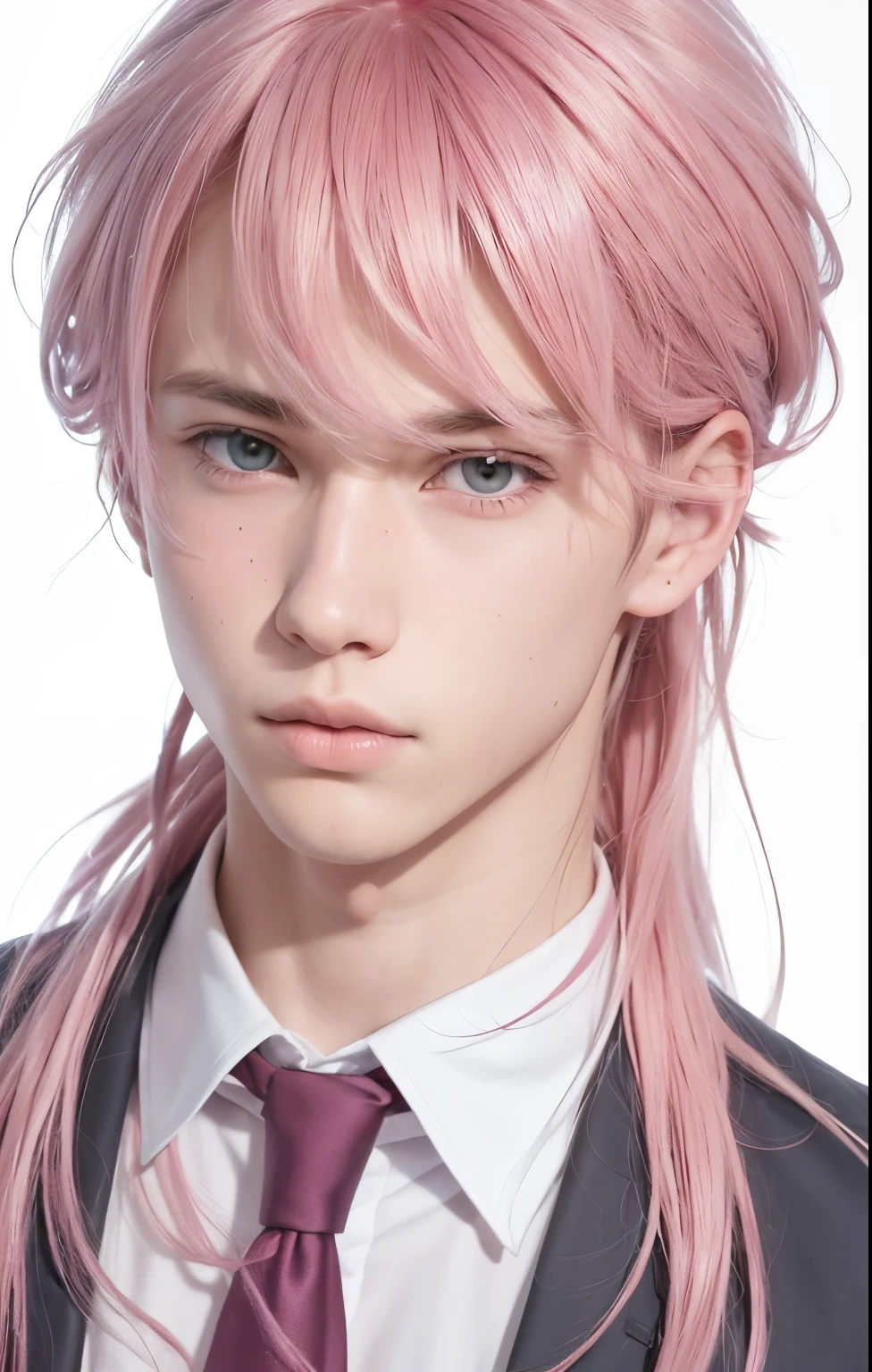 A age boy with realistic long pink hair, the same realistic hairstyle, realistic handsome face, realistic cool expression, adapt exact clothing, realistic light, realistic shadows, realistic background