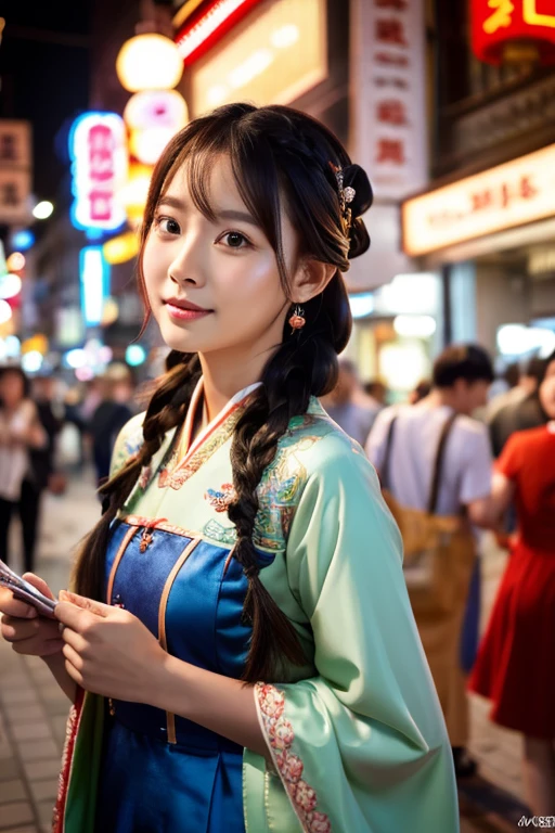 women's pictures（Wearing Chinese clothes＿outfit、Braid hair）Good Hand、4K、hight resolution、masutepiece、Best quality head 1.3、（（Hassell brand photo））、finely detailed skin、Sharp Focus、（Cinematic lighting）、Night、Chinatown spot、Soft lighting、Dynamic Angle、［：Detailed face：1.2）：0.2］、medium chest、Beautiful Koreans、Highline