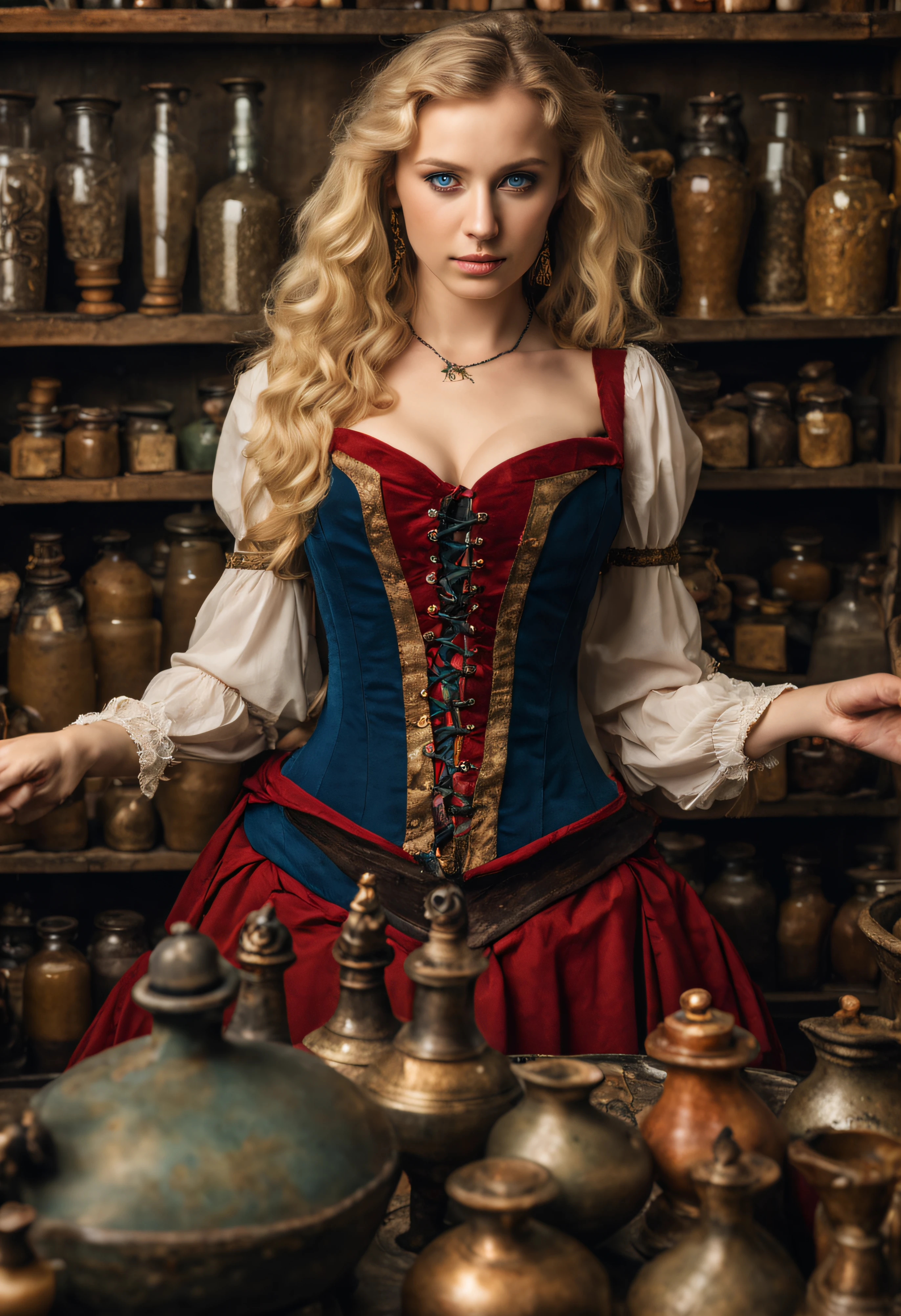 photo of beautiful 18 year old woman, female merchant, busty, cleavage, corset, medieval, in her shop, (a few potions on front counter, blue, red), (from above), 8k uhd, high quality, Ethiopian facial features, pale skin tone, slim face, beautiful, green eyes, blonde, perfect hands (four fingers, one thumb)