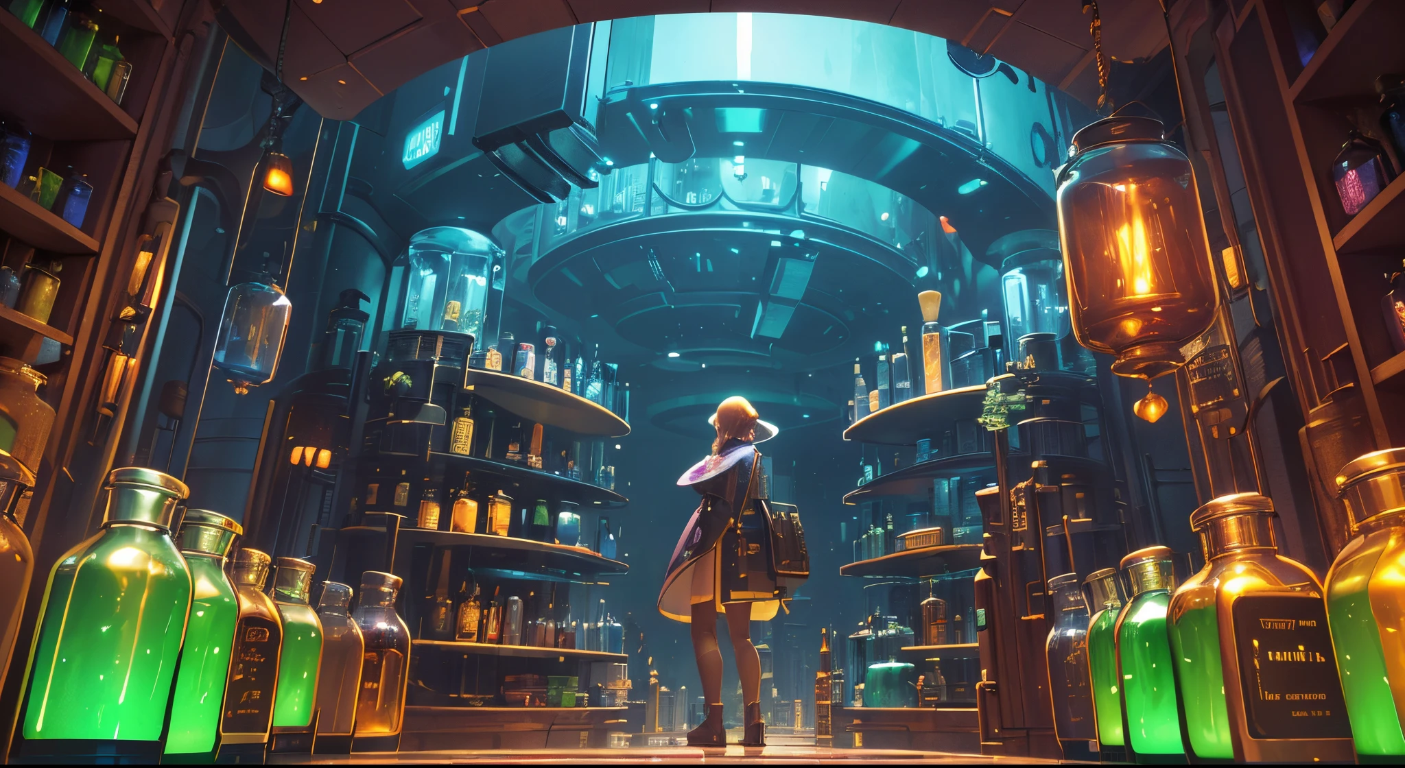 (wide-angle landscape), (ultra-detailed), futuristic, sci-fi feeling, vibrant-feeling, background potion rack display, wired robot shopkeeper in background, harry potter ambience, ((highlight center circuit-board crafted on potion bottles))
