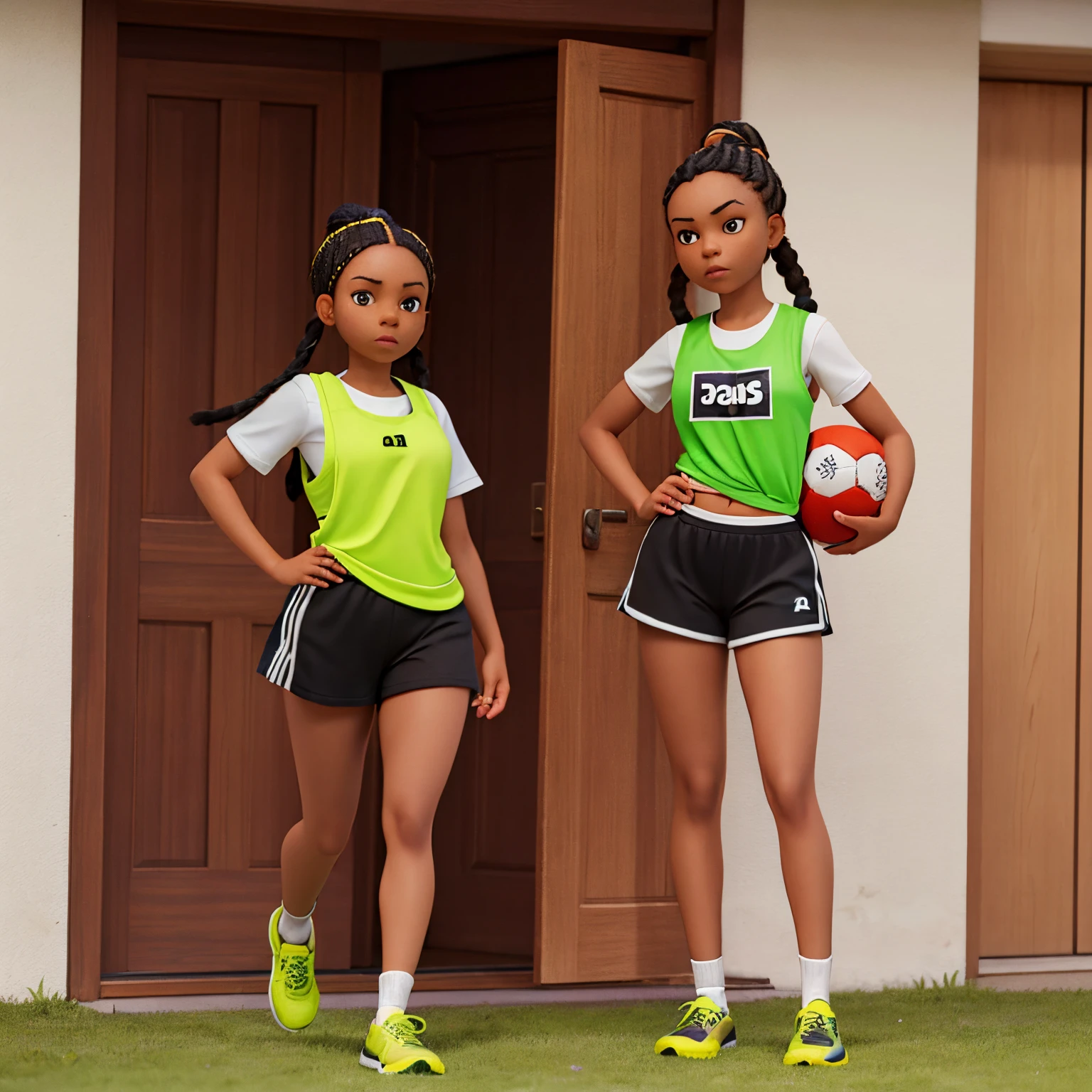 A young woman in her early 20s wearing a lime green football training bib tucked in one side into a black addidas short with 3 stripes on both sides, the young woman is standing in front of a door, she looks African American with long ginger braids neatly tied into a ponytail