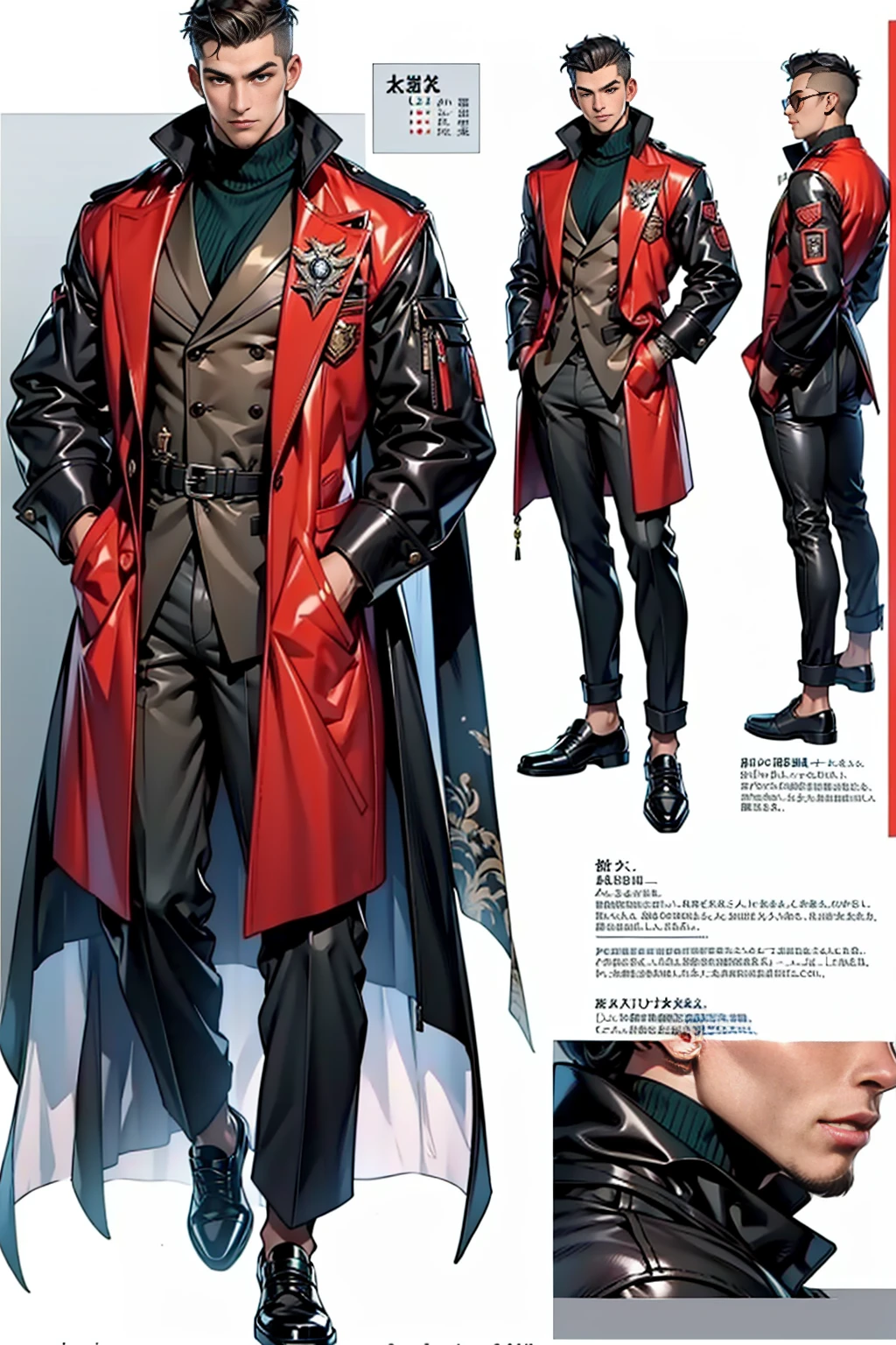 reference sheet：1.8，super detailing，high high quality，tmasterpiece，a tall boy，Handsome face，Manteau，Trousers，leather shoes