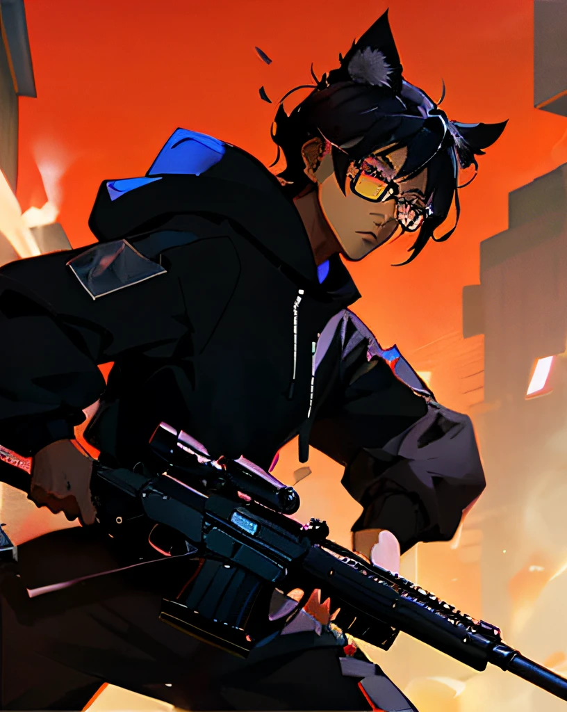 Anime style sniper boy with black cat ears holding a large anti-tank sniper rifle with a large sniper scope Black hair and blue eyes、Black-rimmed glasses He wears an all-black hoodie Against the backdrop of a gunfight in a conflict zone cyber pan style put one's finger on the trigger