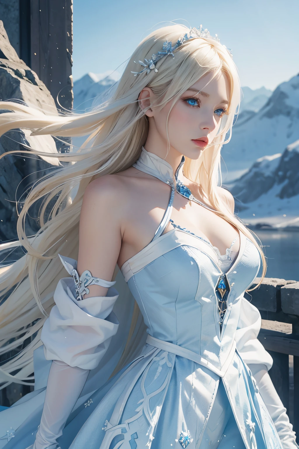 Ice queen blond hair blue eye,white and blue costume