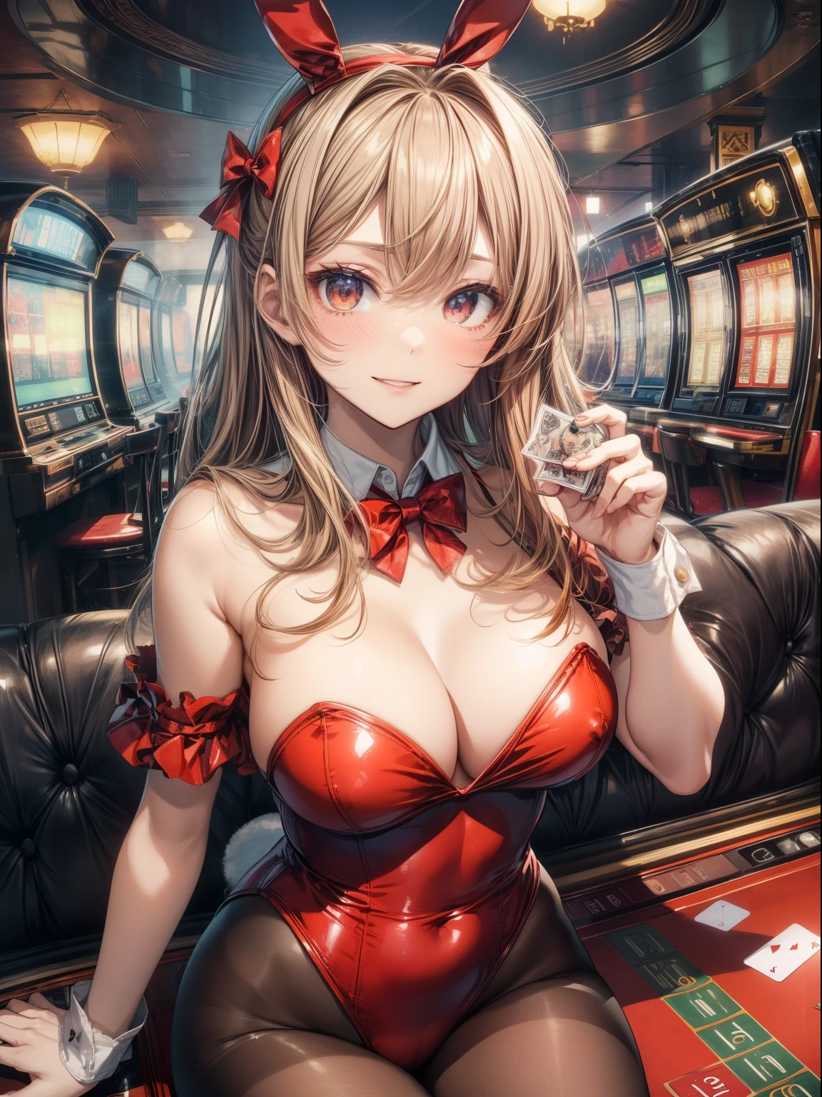 top-quality、Full limbs、complete fingers、1girl in、((one beautiful women、独奏))、Beautiful Large Breasts、Medium Hair、straight haired、Red hair、bunnygirl、(red bunny girl leotard)、(brown hair pantyhose)、Red bow tie、Red Bunny Girl Katyusha、casino、roulette、pokies、PlayingCards、A big smile、sit on a luxurious red sofa