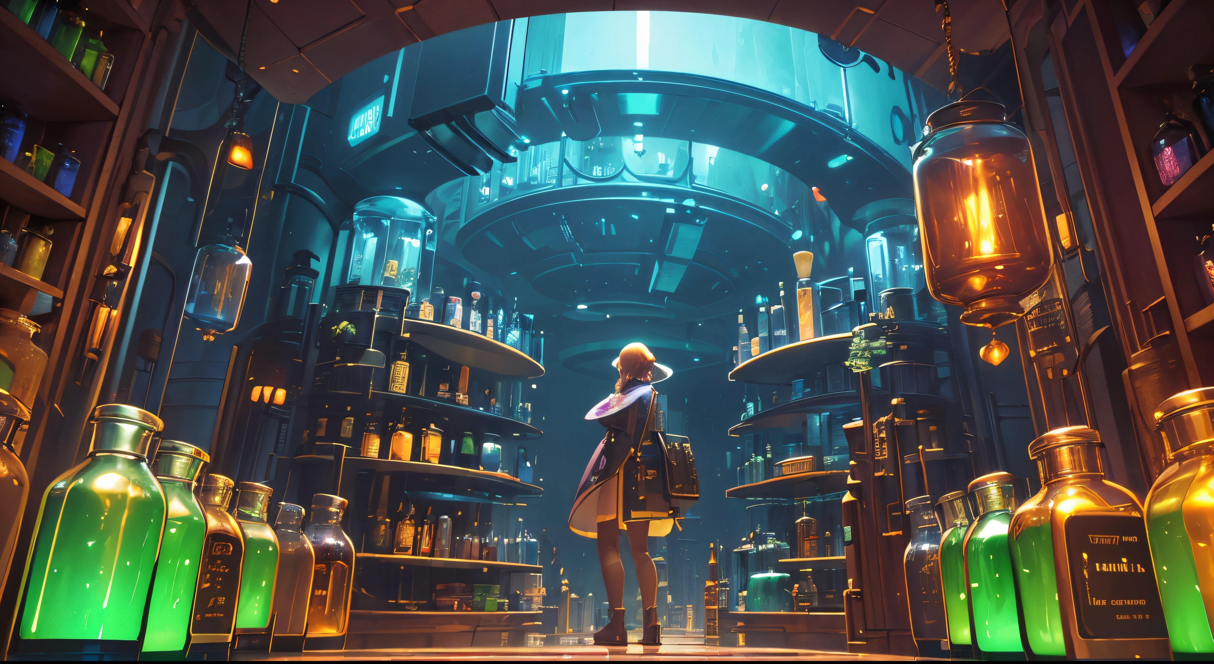 (wide-angle landscape), (ultra-detailed), futuristic, sci-fi feeling, vibrant-feeling, background potion rack display, wired robot shopkeeper in background, harry potter ambience, ((highlight center circuit-board crafted on potion bottles))