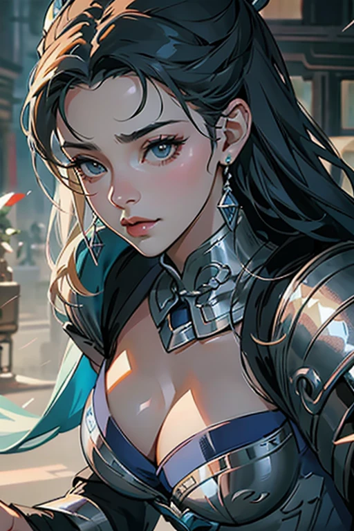 close up shot of a woman in a silver and blue dress, silver armor, large breasts, cleavage, chengwei pan on artstation, by Yang J, detailed fantasy art, stunning character art