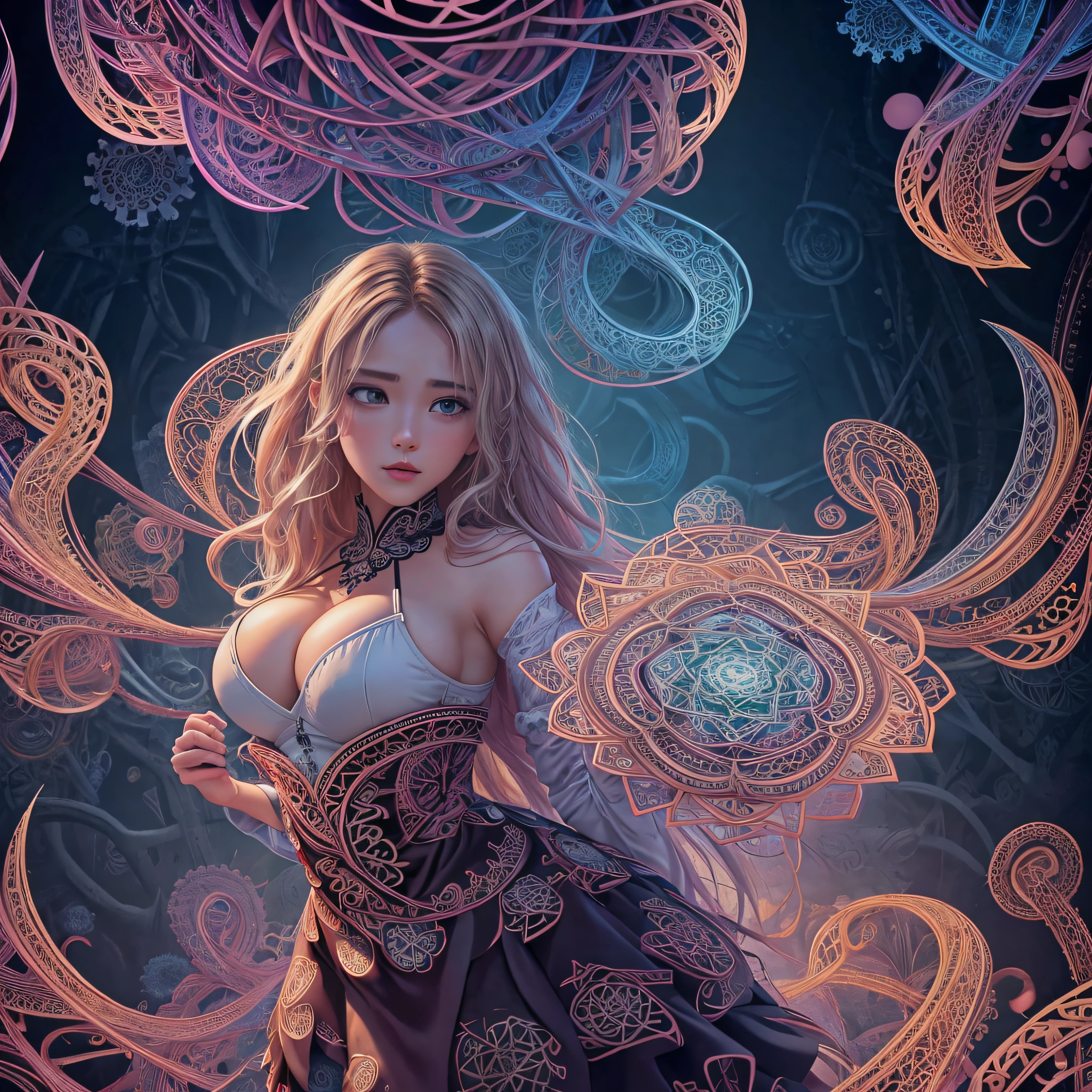 Official art, Unity 8k壁纸, ultra-detailliert, Beautiful and aesthetic, masutepiece, Best Quality, (Zentangle, mandalas, Tangle, Entangle), (Fractal Art:1.3) , 1girl in, Big Breast, Extremely detailed, Dynamic Angle, cowboyshot, Most Beautiful Form of Chaos, Elegant, a brutalist designed, vivd colour, romanticism, Atmospheric, ecstasy of musical notes, streaming musical notes visible