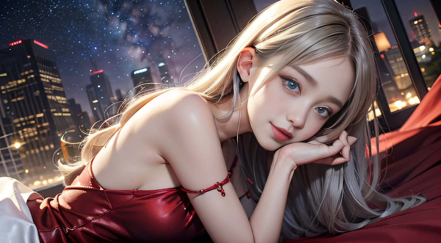 1 girl, Blonde gray hair, Straight hair, Spread hair, Long hair, PUPILS SPARKLING, long eyelashes, Blue eyes, makeup, Smile, Color Field Painting, Contemporary art, Northern Renaissance, Blurred, blending, From below, From Side, the panorama, ultra wide-angle, Wide Angle, F/1.8, 135 mm, canon, nffsw, retinas, masutepiece, Elaborate, Anatomically correct, Skin Texture, Super Detail, high detailing, High quality, hight resolution, 1080p, hard disk, 4K, 8K, of the highest quality, (Off-the-shoulder bright red dress), (Beautiful woman lying on a wide floor), Sexy Pose (Full of stars in the background, Milky Way Galaxy), (Full of stars in the background, Milky Way Galaxy)