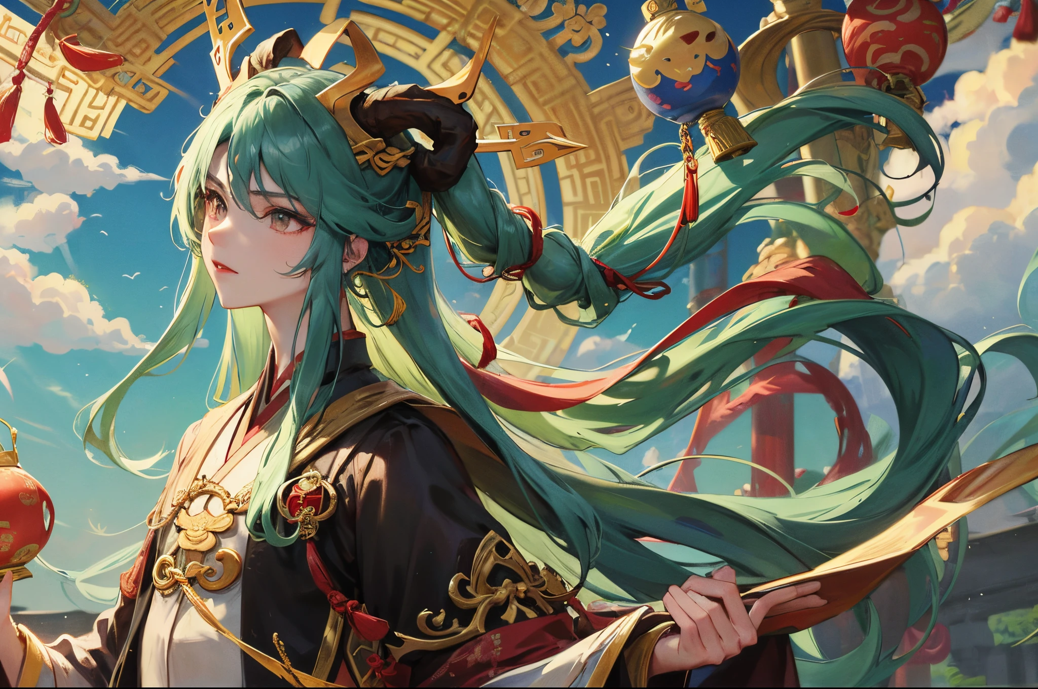 Zhurong,Male Shinmei,There are horns on the head,adorned in majestic attire,Strong,Domineering,China-style,Story,Auspicious cloud ornamentation,There are totems on the body,cabelos preto e longos