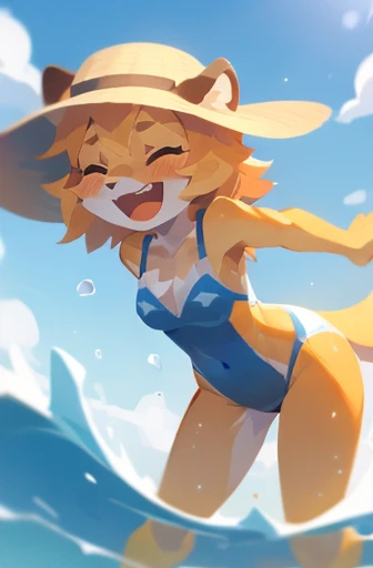 High quality, 4k, 8k, furry, anthro, age, girl, lioness, flat chest, laughing, eyes closed, splashing water, sun hat, shark theme one-piece swimsuit, dynamic camera angle, focus on rear, behind