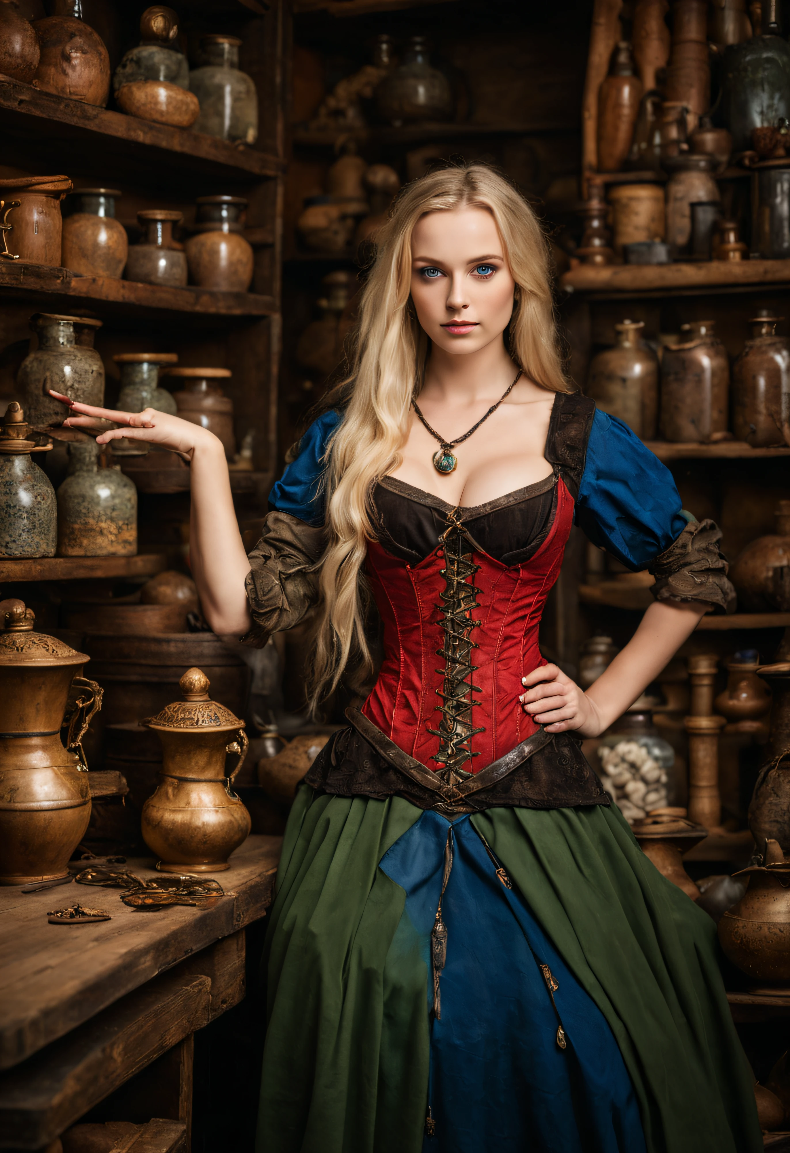 photo of beautiful 18 year old woman, female merchant, busty, cleavage, corset, medieval, in her shop, (a few potions on front counter, blue, red), (from above), 8k uhd, high quality, Ethiopian facial features, pale skin tone, slim face, beautiful, green eyes, blonde, perfect hands (four fingers, one thumb)