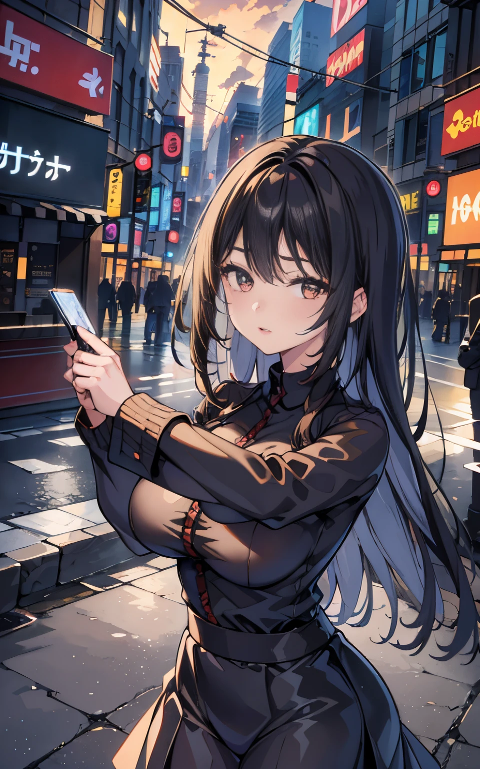 Una chica de cabello negro, Camisa negra y minifalda a cuadros, chica alta adulta, grandes pechos, muslos normales, piernas altas ojos rojos, gesto pose de batalla, soulless expression, mirando al frente, left arm pointing, pose de batalla, minifalda a cuadros negra, camisa blanca, chica adulta, grandes pechos