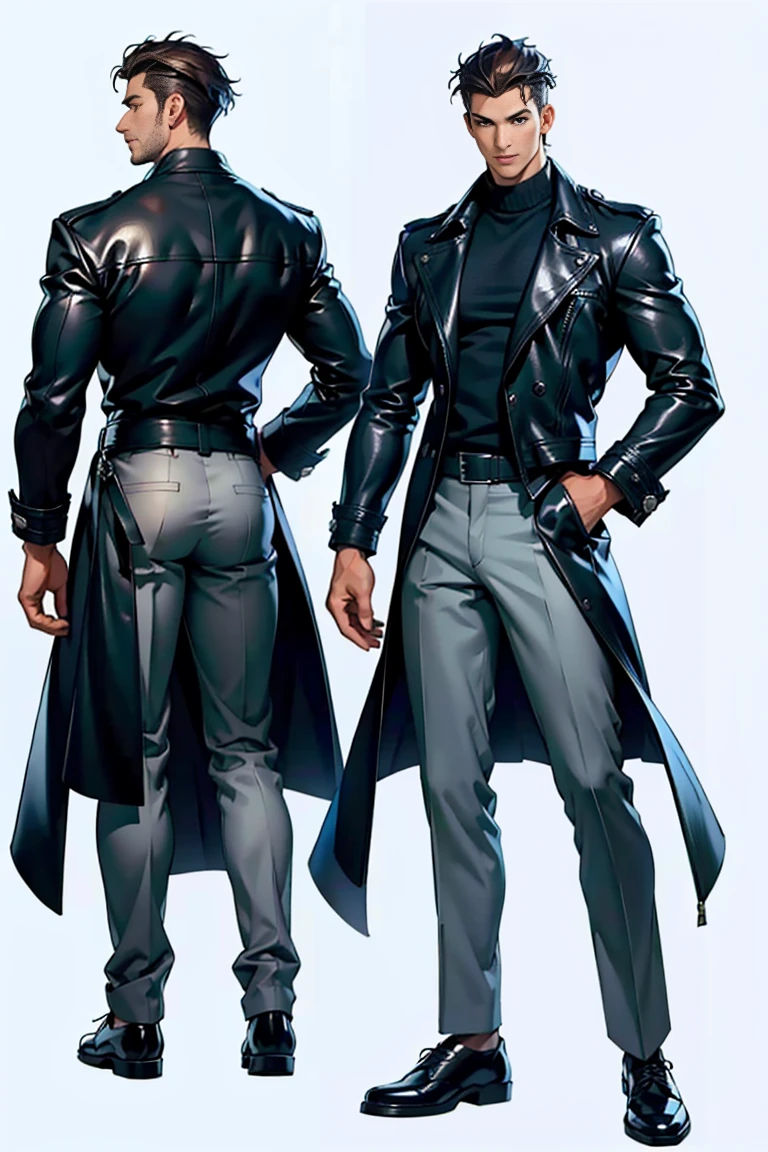 reference sheet：1.8，super detailing，high high quality，tmasterpiece，a tall boy，Handsome face，Manteau，trouser，leather shoes
