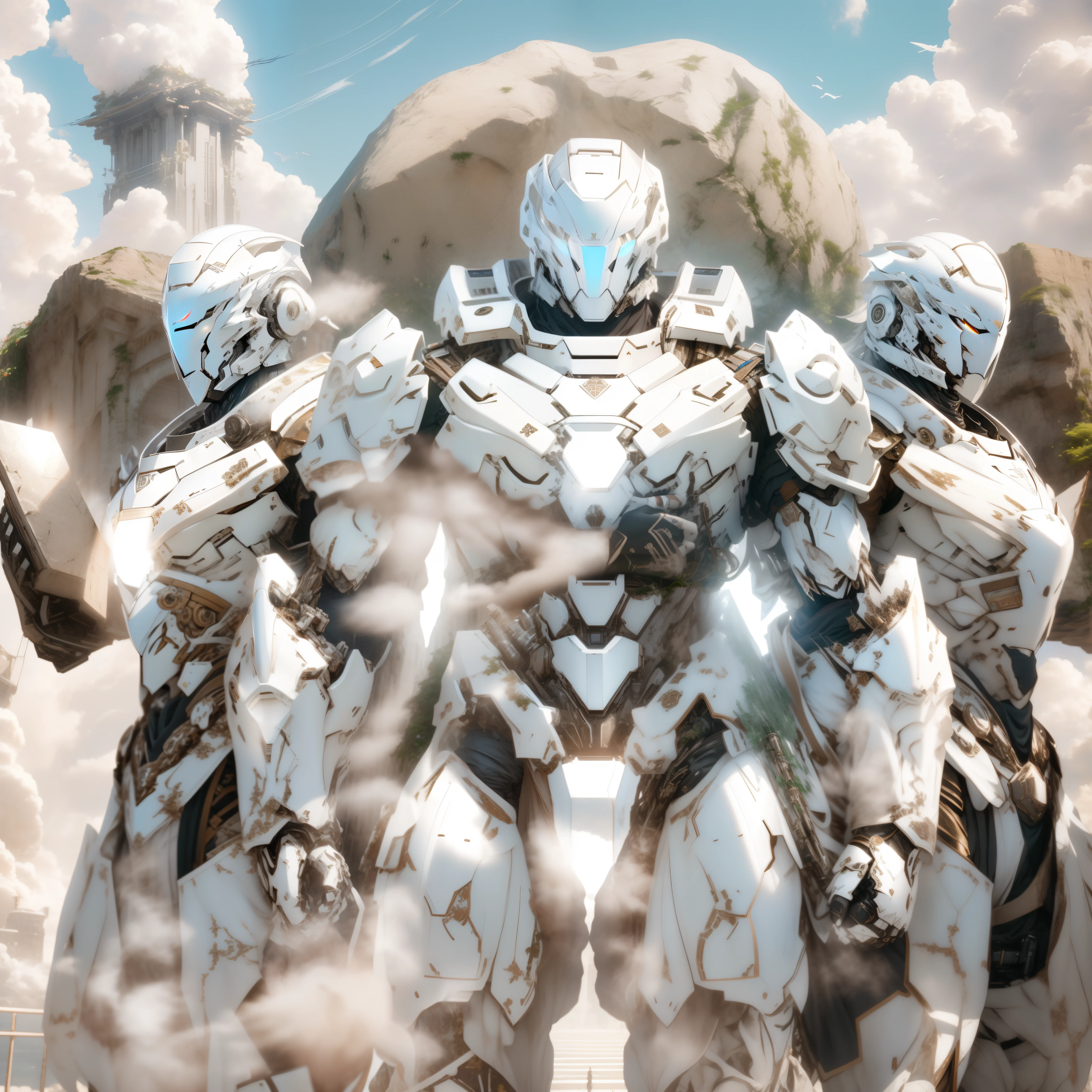 Extremely strong 3 status standing next to each other holding a large rock on shoulder together, detailed eyes, masterpieces, best quality, intricate details, absurdity, high detail RAW color photo, very detailed, rough lighting, cinematic lighting, contrast, bright light, gigapixel, 8k resolution, film, octane rendering, unreal, high definition, 8k uhd, professional lighting, photo, in white futuristic armor, glossy white armor, anime robotic mixed with organic