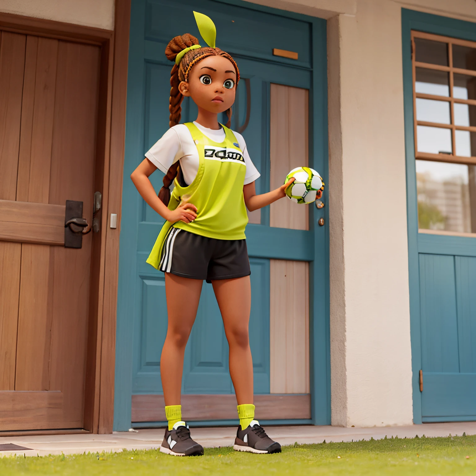 A young woman in her early 20s wearing a lime green football training bib tucked in one side into a black addidas short with 3 stripes on both sides, the young woman is standing in front of a door, she looks African American with long ginger braids neatly tied into a ponytail