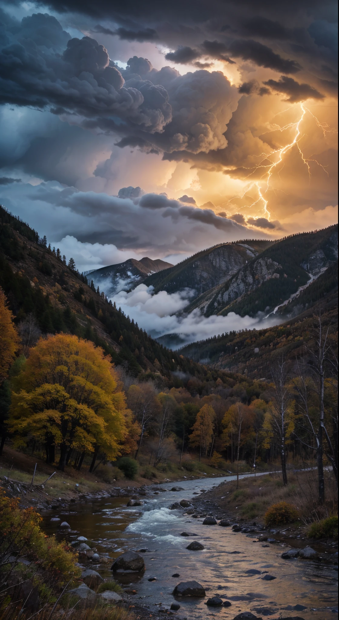A dark and stormy mountain scene, lightning strikes, rain, low lying clouds at the base of the mountains, a river, multicolor autumn trees,