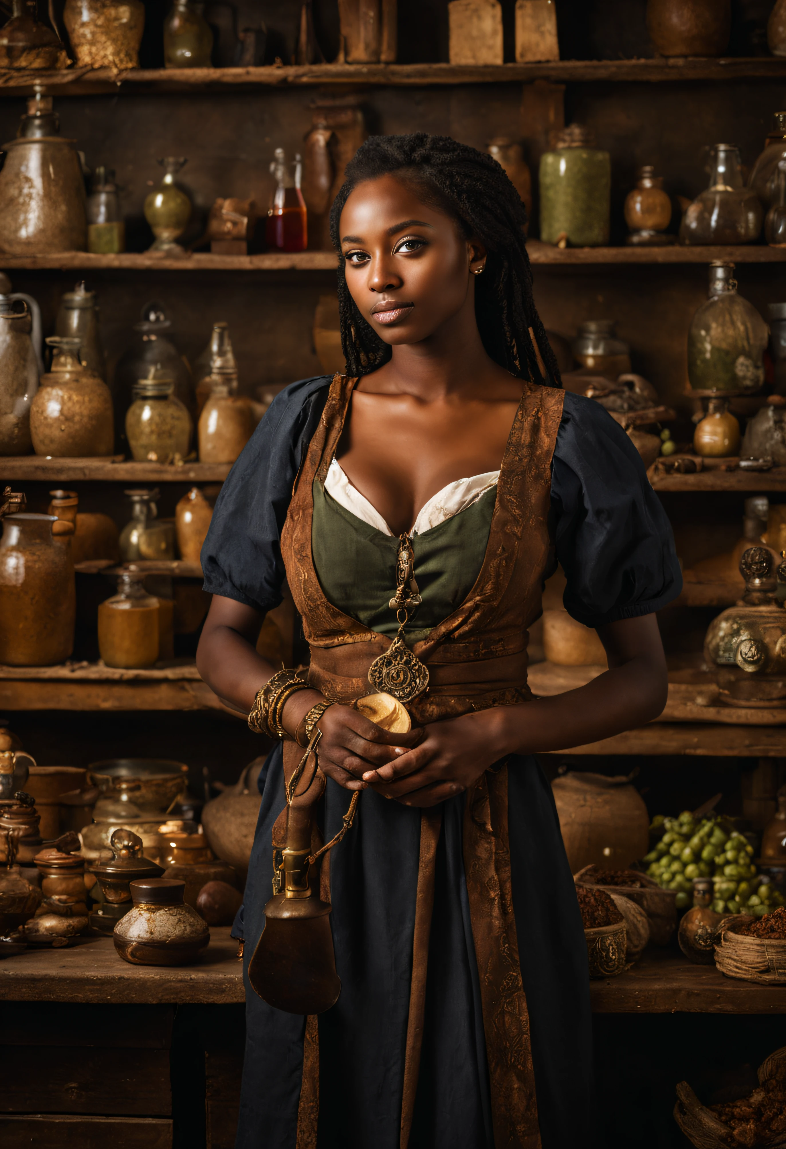photo of beautiful 18 year old woman, female merchant, very busty, cleavage, medieval, in her shop, a few potions on front counter, (from above), 8k uhd, high quality, Ethiopian facial features, slim face, beautiful