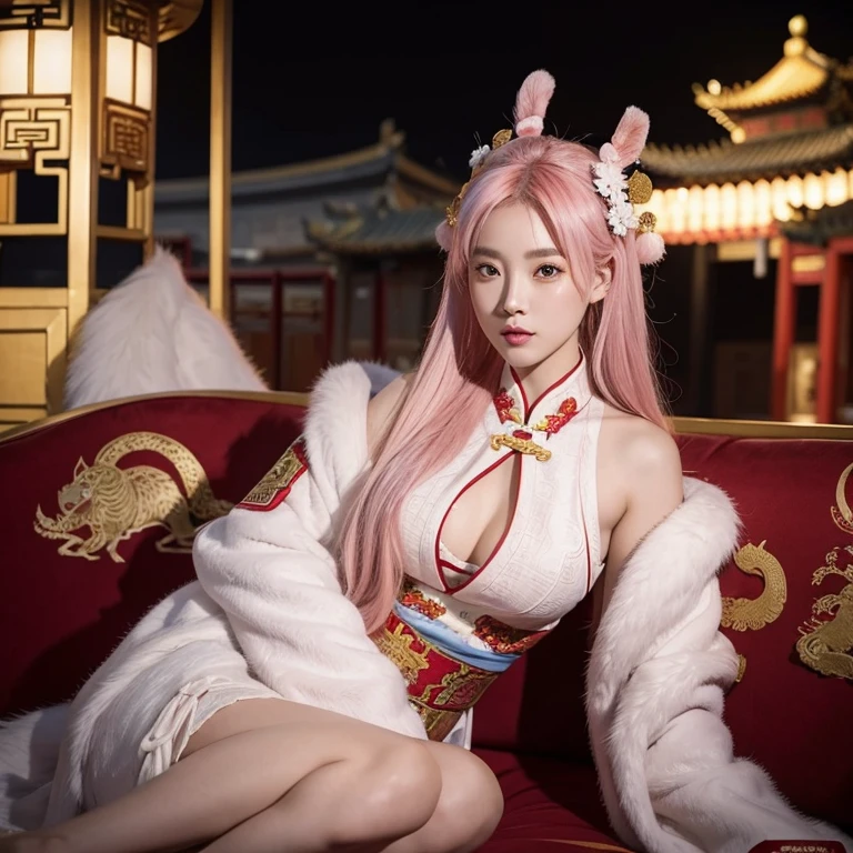 Ancient Chinese wars，Female general，Chinese woman，Sexy Kaijia，Bleached pink hair，Charming eyes and good figure，ancient scene