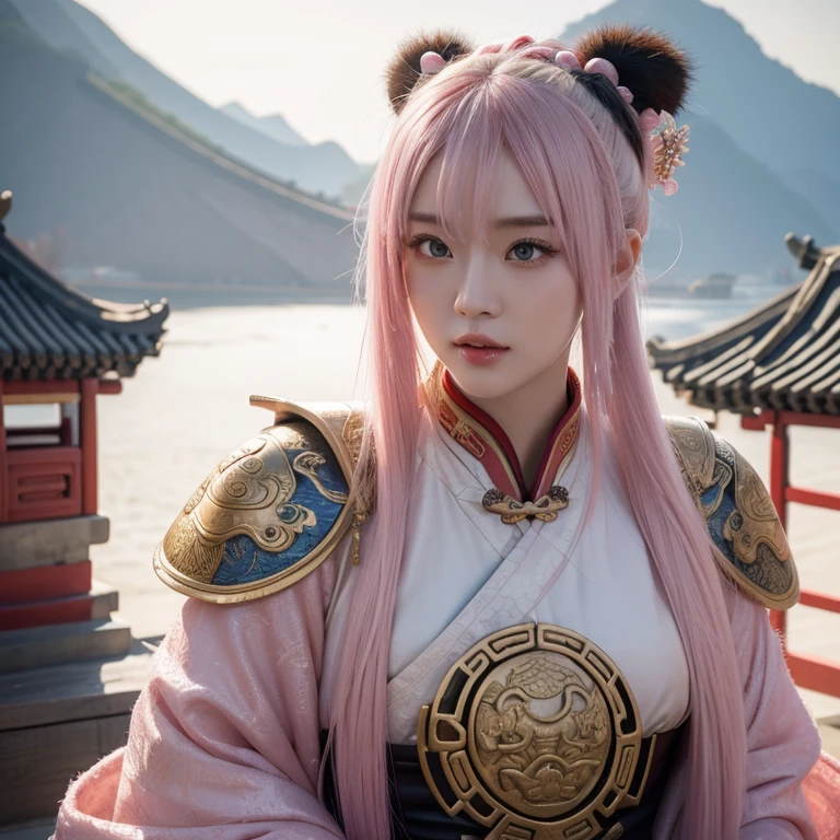 Ancient Chinese wars,Female general,Chinese woman,Sexy Kaijia,Bleached pink hair,Charming eyes and good figure,ancient scene