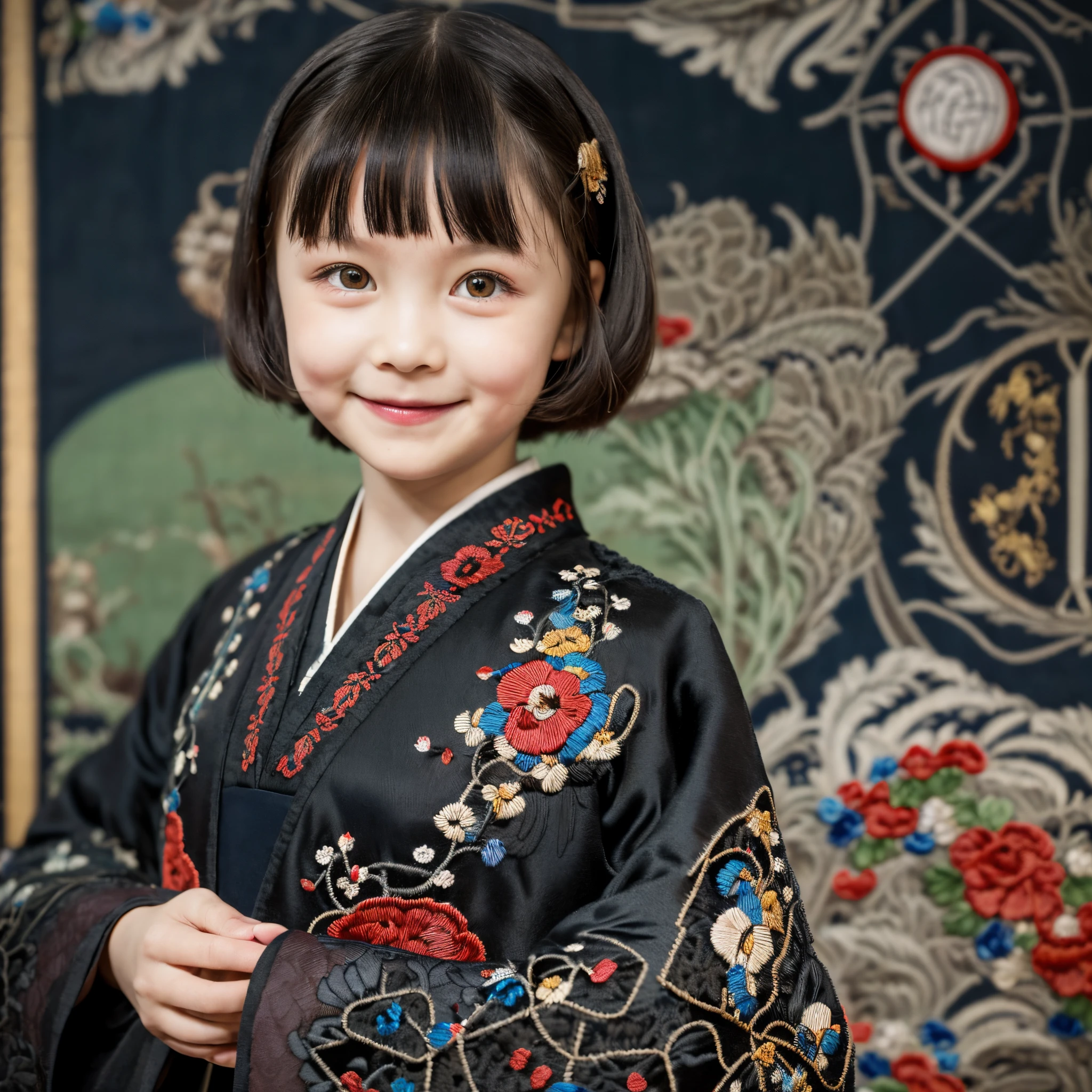 (best quality,ultra-detailed,creepy smile,creepy atmosphere),1 girl,short bob haircut,cute kimono,holding a handball in her hand,around 5 ,character from a nursery rhyme,(((the handball has embroidery, it is very intricate and detailed))),((imagine it in a darker tone)),8K wallpaper