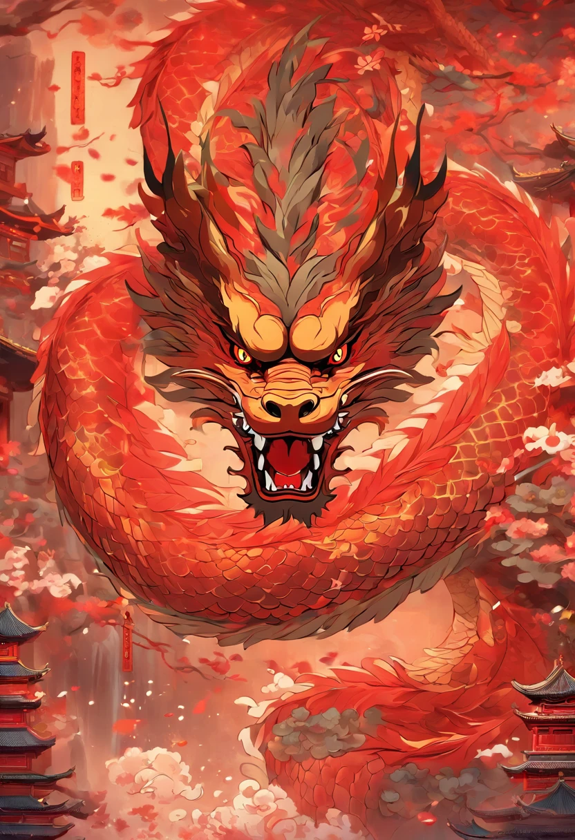 The most ferocious and powerful mythological Japanese dragon, cherry blossoms blowing in the wind, perfect masterpiece, high quality, high resolution