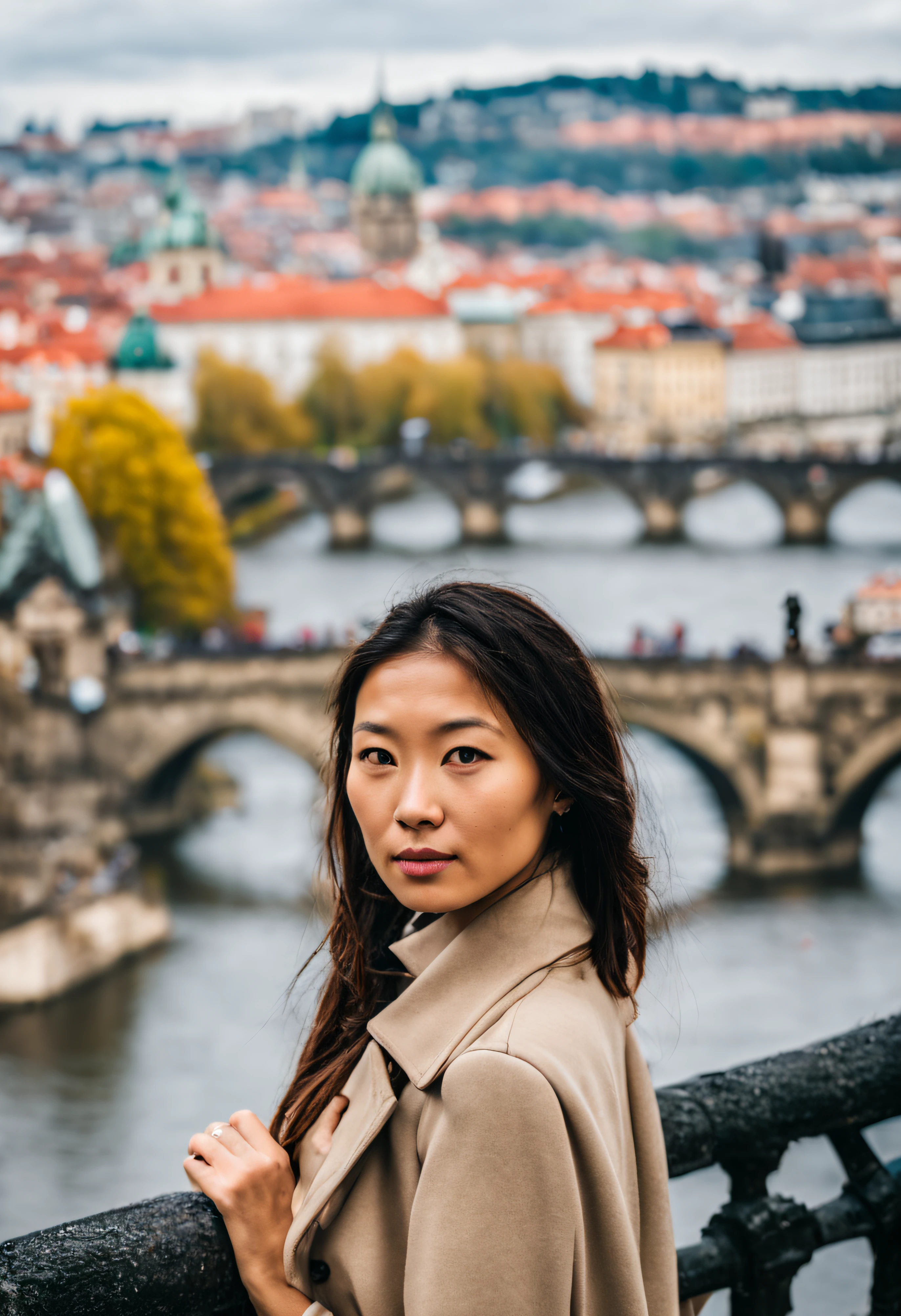 a perfect photo, waist up shot, from above, sharp focus, of a beautiful (Asian Czech:1.3) woman in foreground, in Prague, at the Charles Bridge, river in background, overcast rainy day