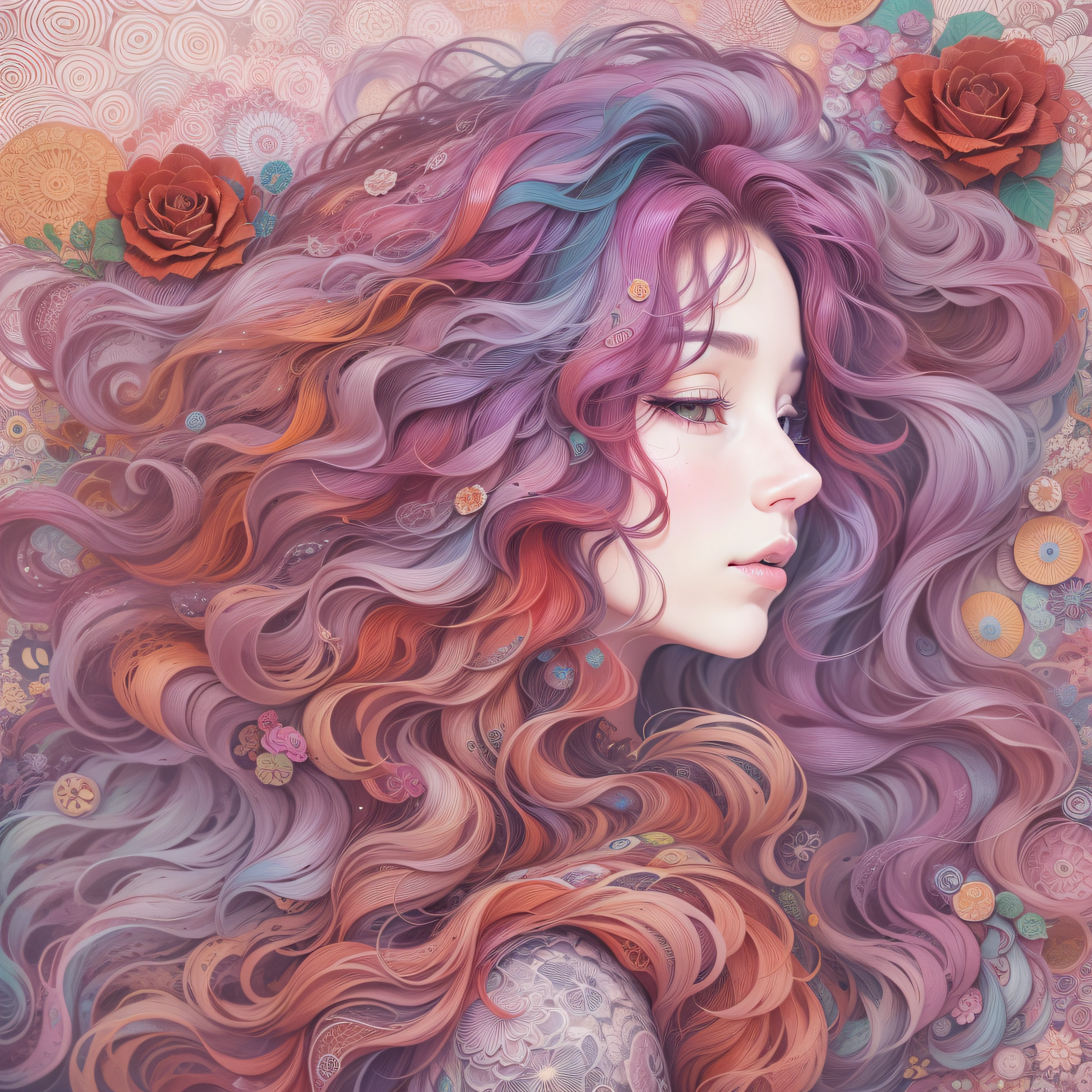 ((tmasterpiece:1.2, Best Quality)), Ultra-detailed, Ultra-precise imaging, Ultra high-definition images, (Zentangle:1.2), (dynamicposes), (Abstract background:1.5), Wavy long hair, rose hair, 1 Jisoo, colourfull, portrait of the, (From directly above:1.2)