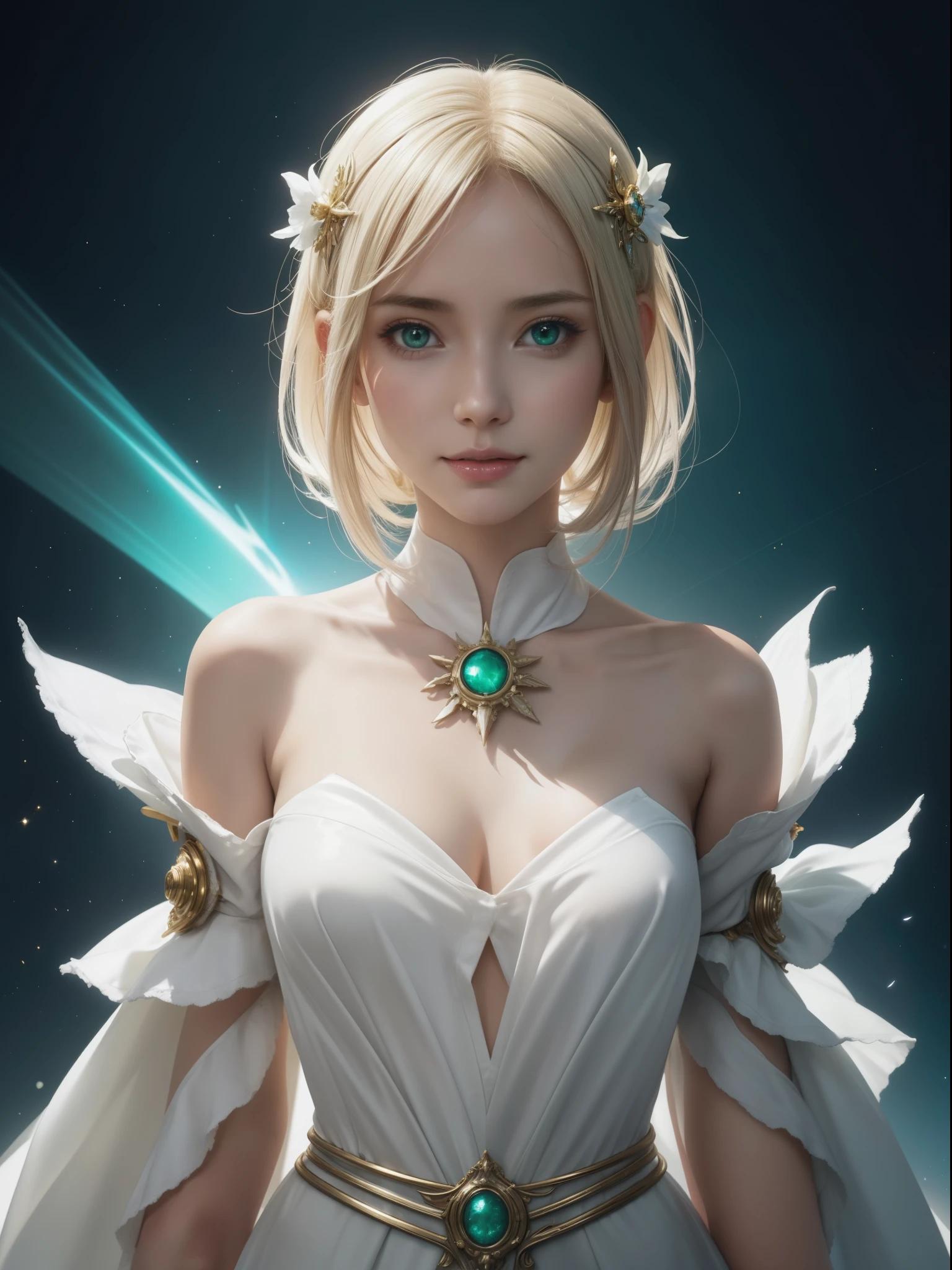 hightquality、8K、Ulutra HD、fullllbody、1 Beauty woman、Gentle smile、Rich facial expressions、white dress、beauty legs、robe blanche、Golden hair、Her eyes are emerald green、spotlight on face、mechanical stage costumes、(The background is Alien City、Sci-Fi Isekai)、rays of moonlight、cute little、Beautiful fece、portlate、art by:Alberto Seveso、Abstract art style、Complex and intricate watercolor painting 、digitial painting、concept-art、Volumetric lighting、TanvirTamim、metal reflective、2d render、Art Germ、Trending on ArtStation